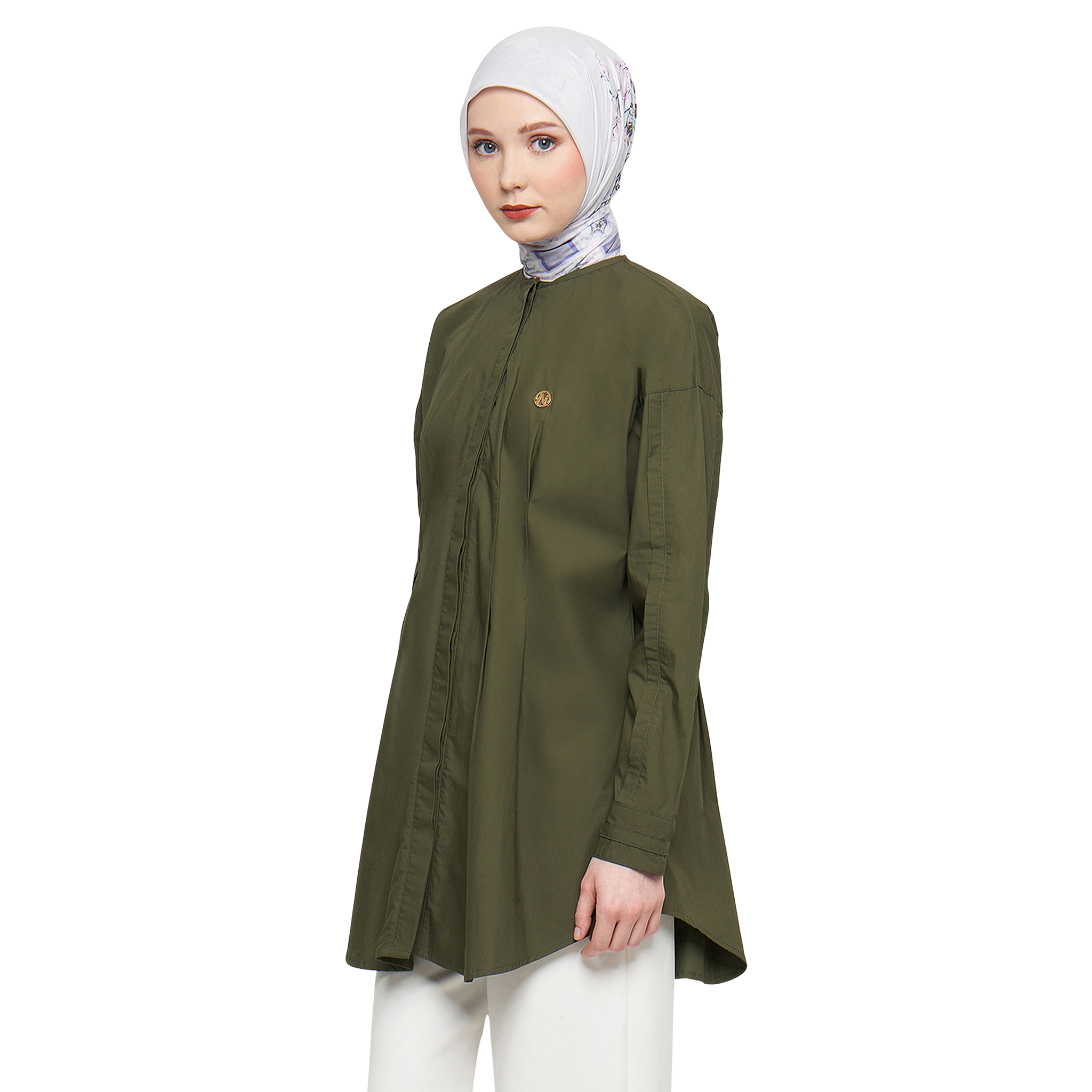 Cotton Blouse with Body Pleats - Olive Green