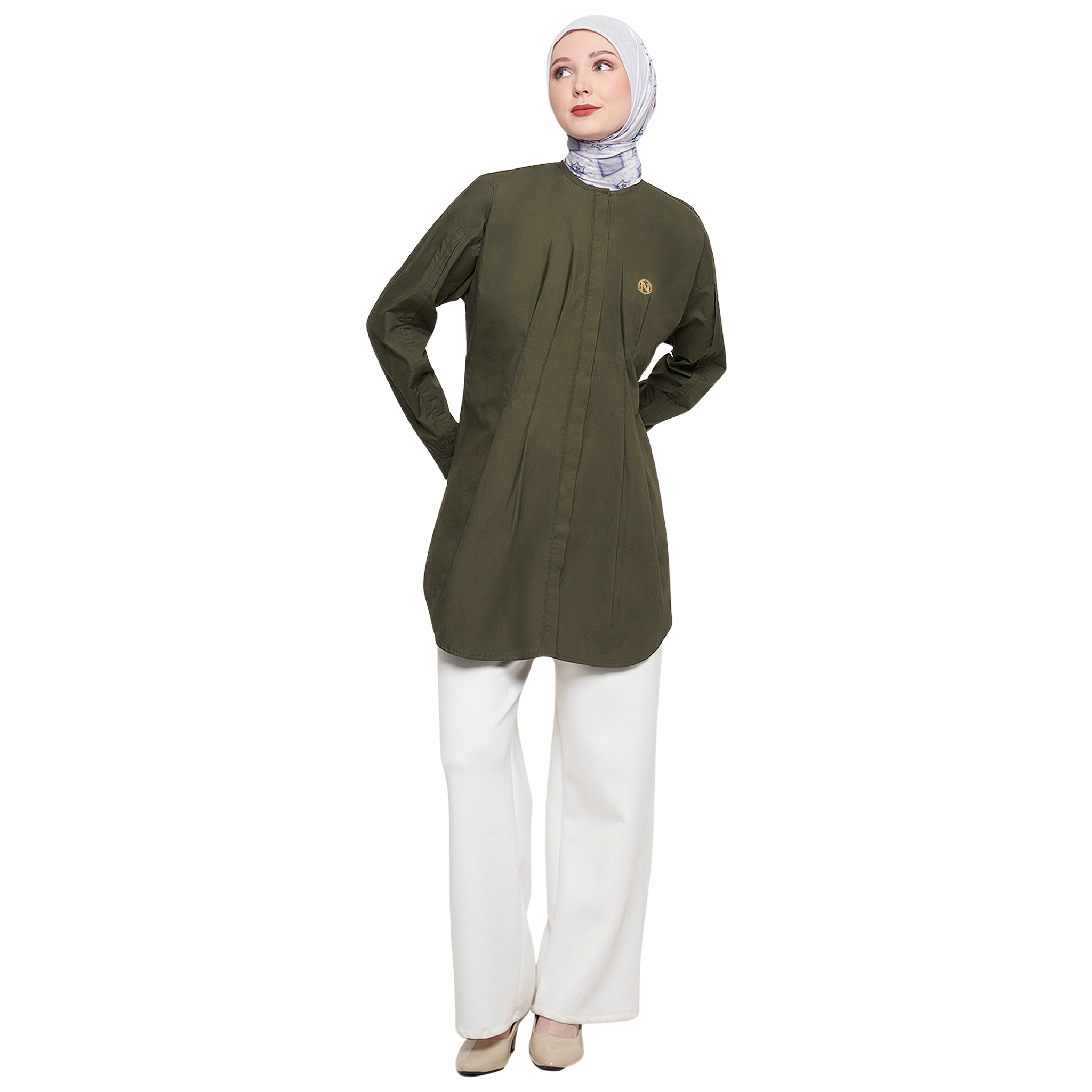 Cotton Blouse with Body Pleats - Olive Green