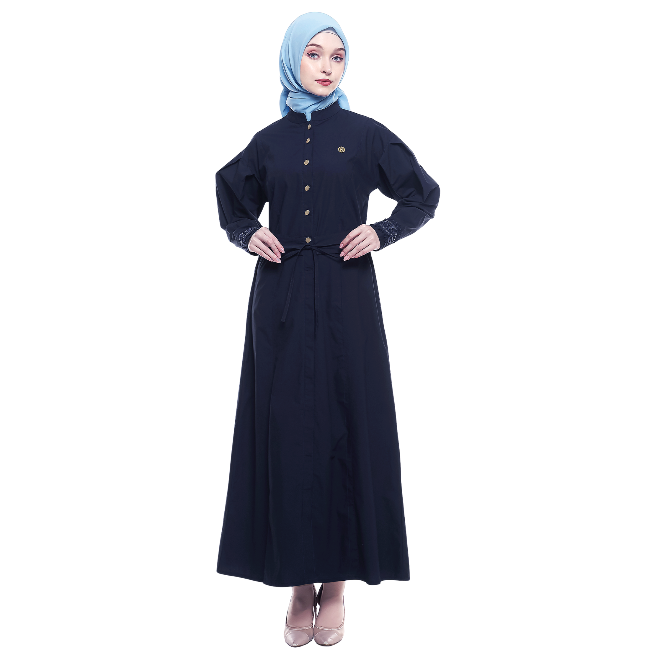 Cotton Long Dress with Puff Sleeve - Navy