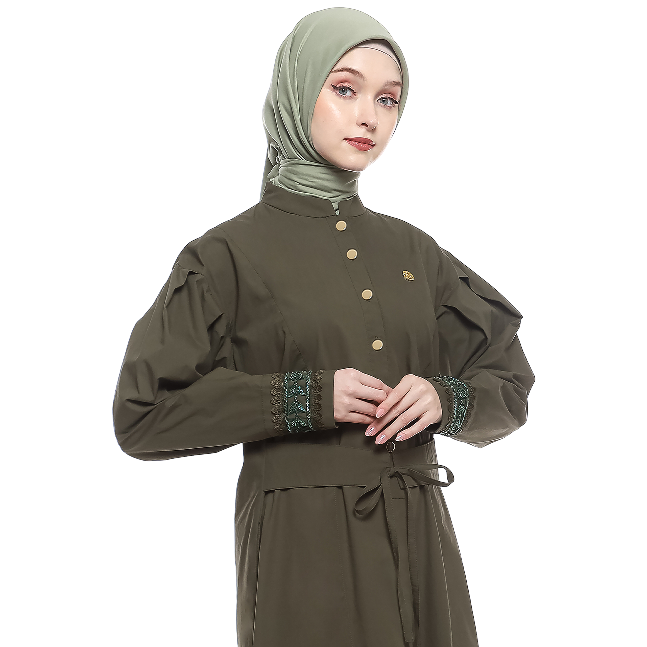 Cotton Long Dress with Puff Sleeve - Olive Green