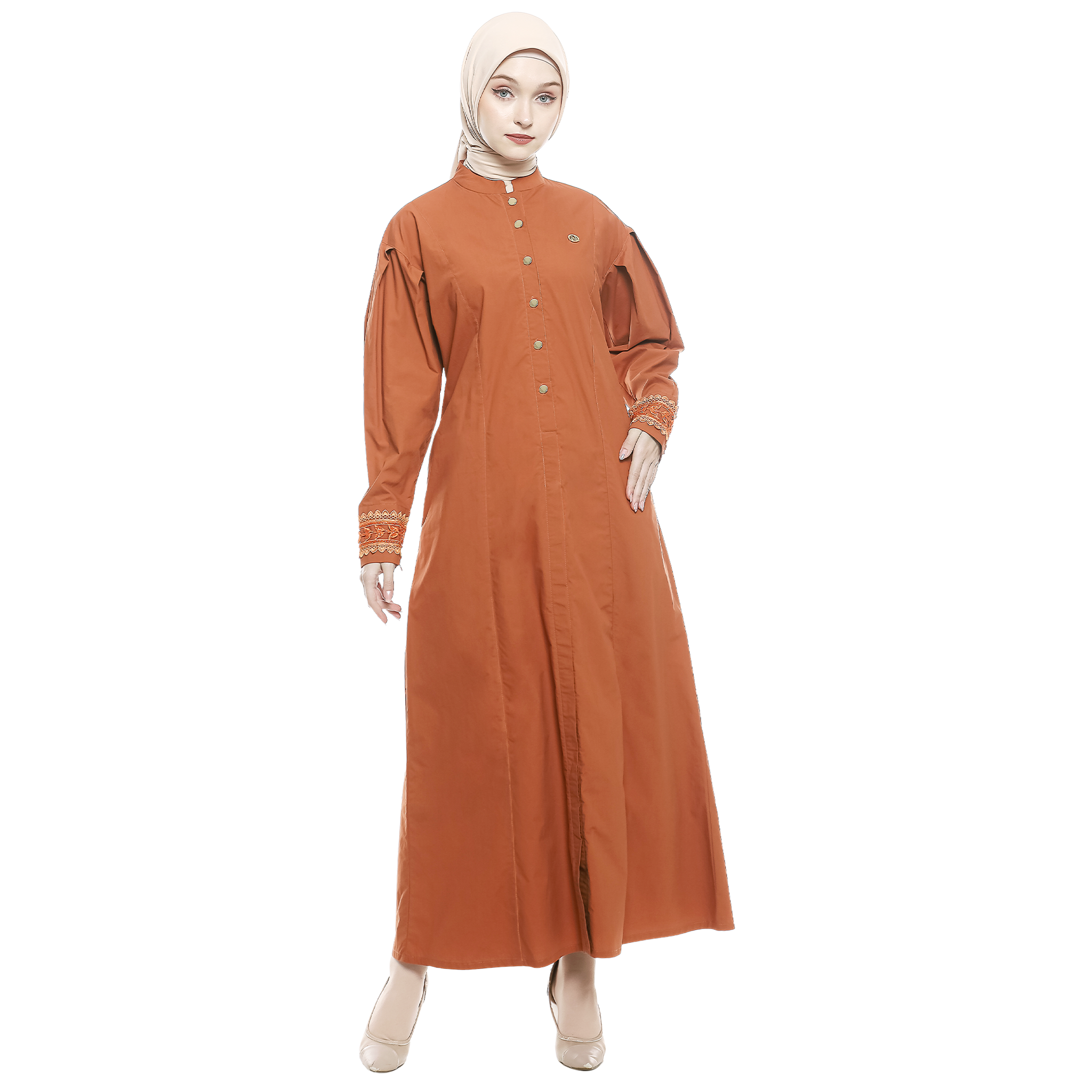Cotton Long Dress with Puff Sleeve - Terracotta