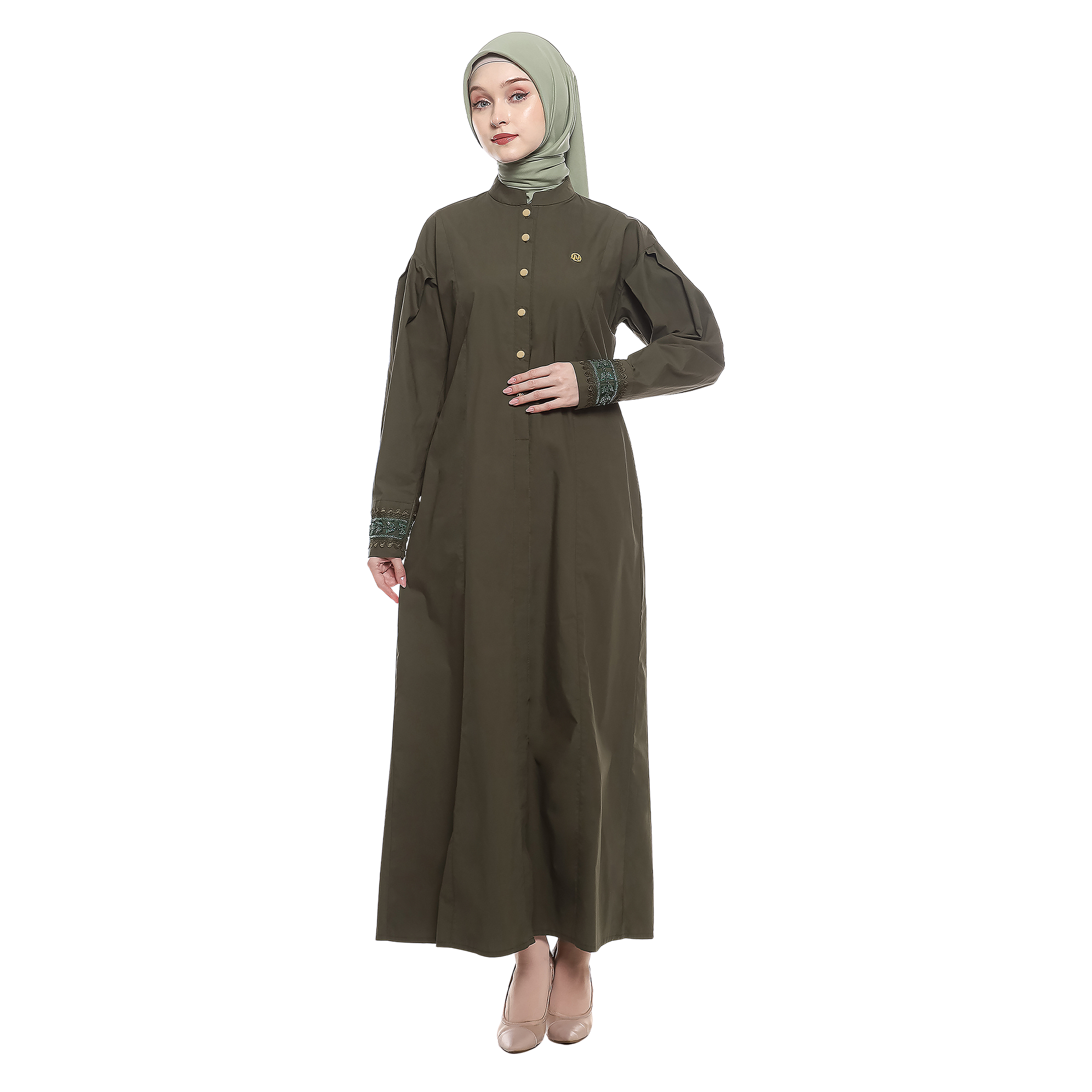 Cotton Long Dress with Puff Sleeve - Olive Green