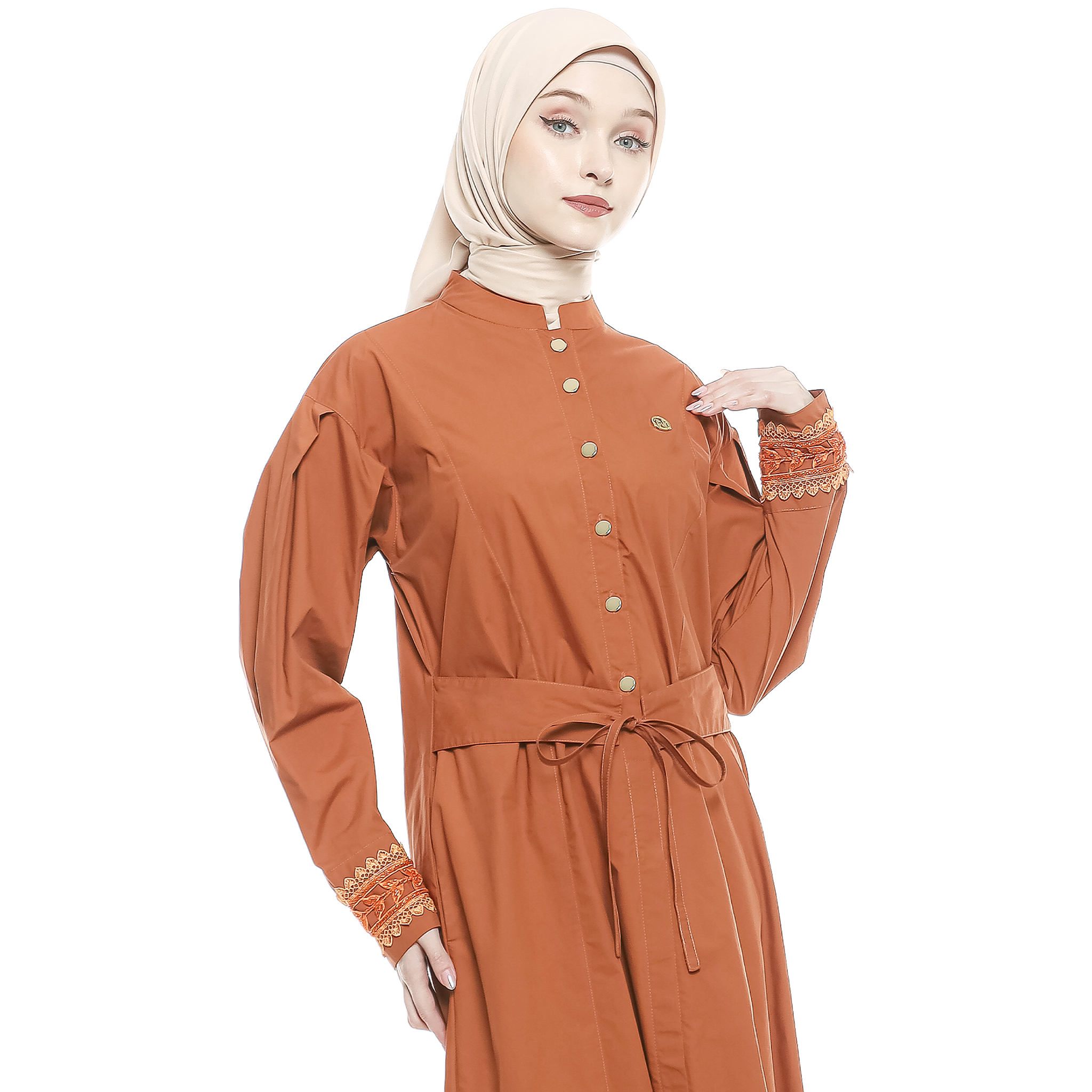 Cotton Long Dress with Puff Sleeve - Terracotta