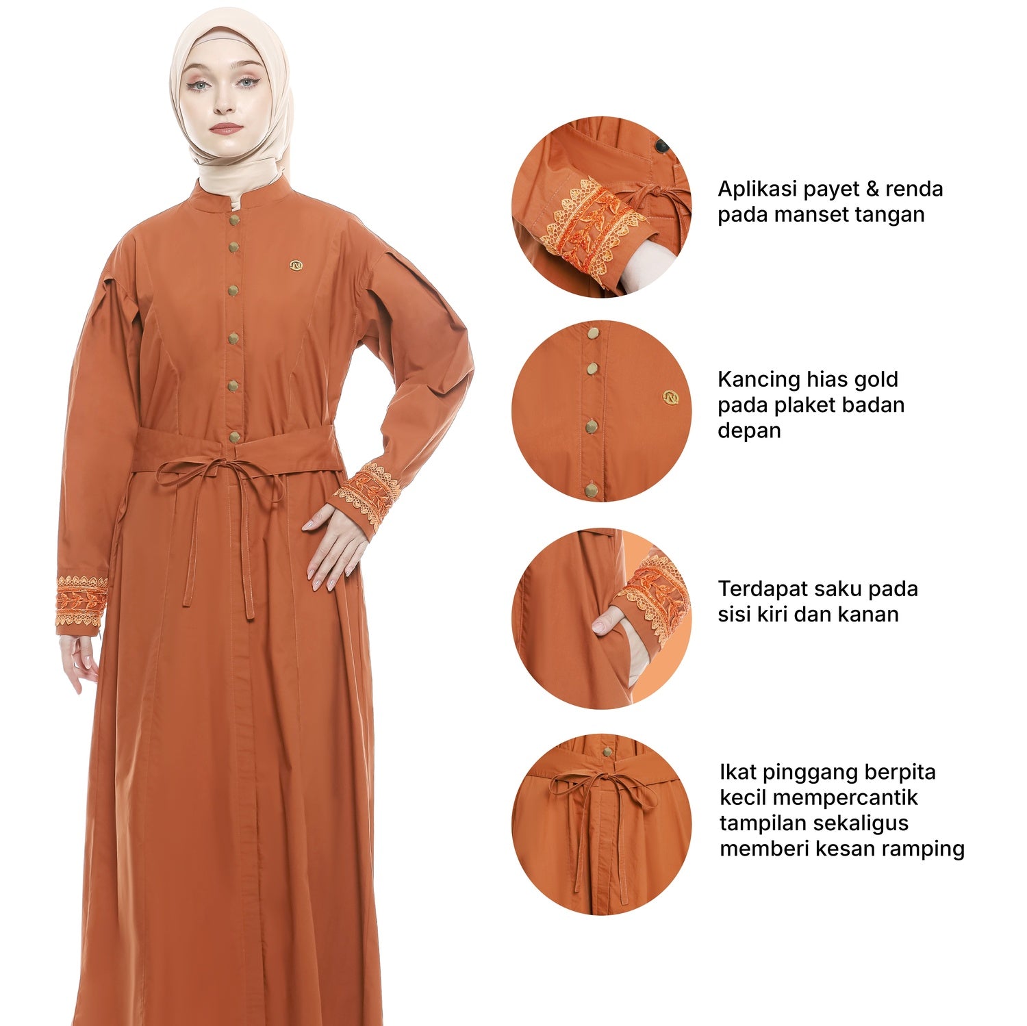 Cotton Long Dress with Puff Sleeve - Terracotta