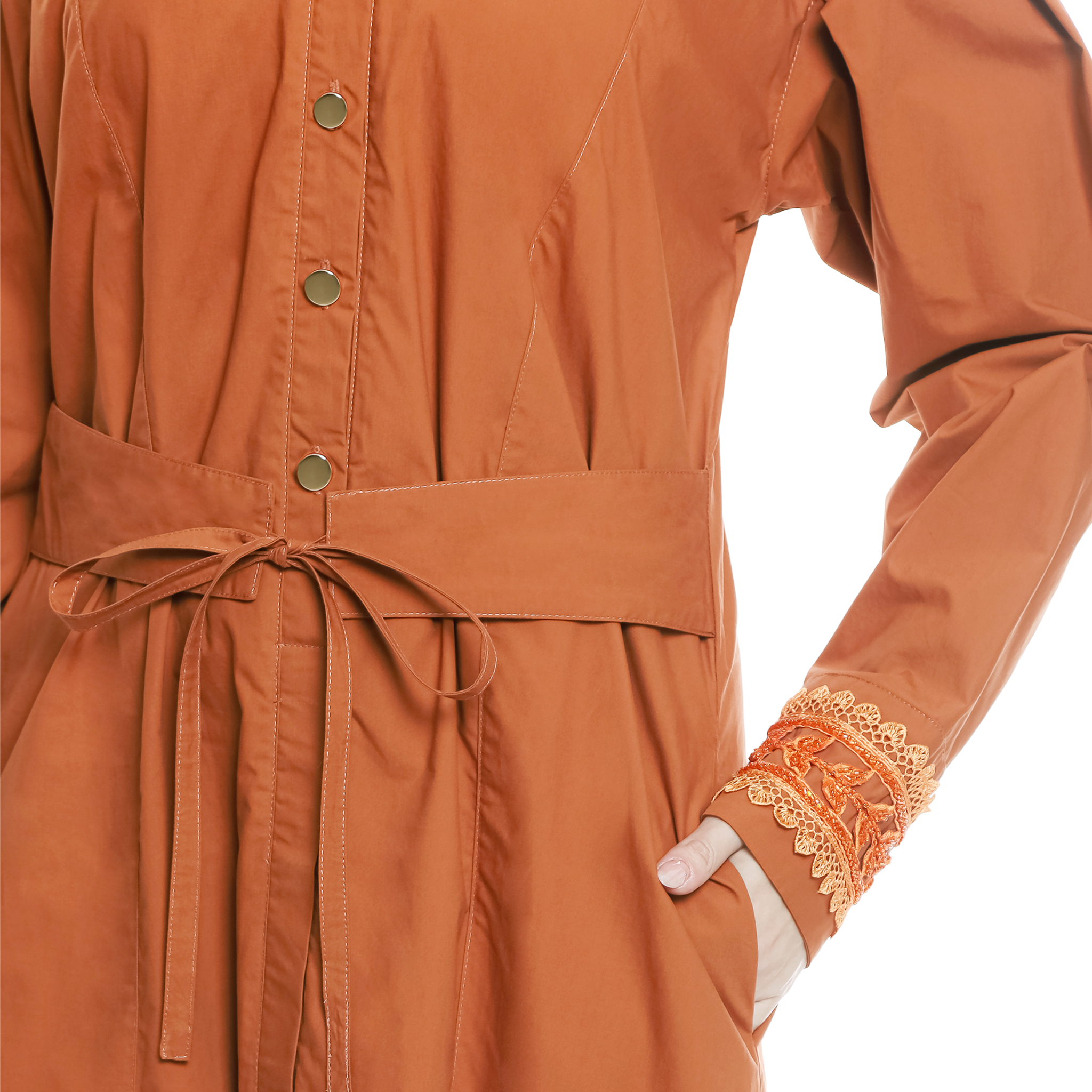 Cotton Long Dress with Puff Sleeve - Terracotta