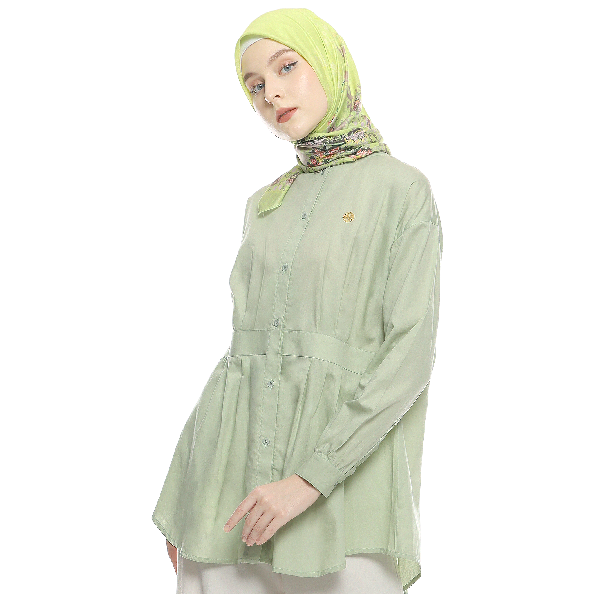 Cotton Shirt with Belt Accent on Pleats - Soft Green