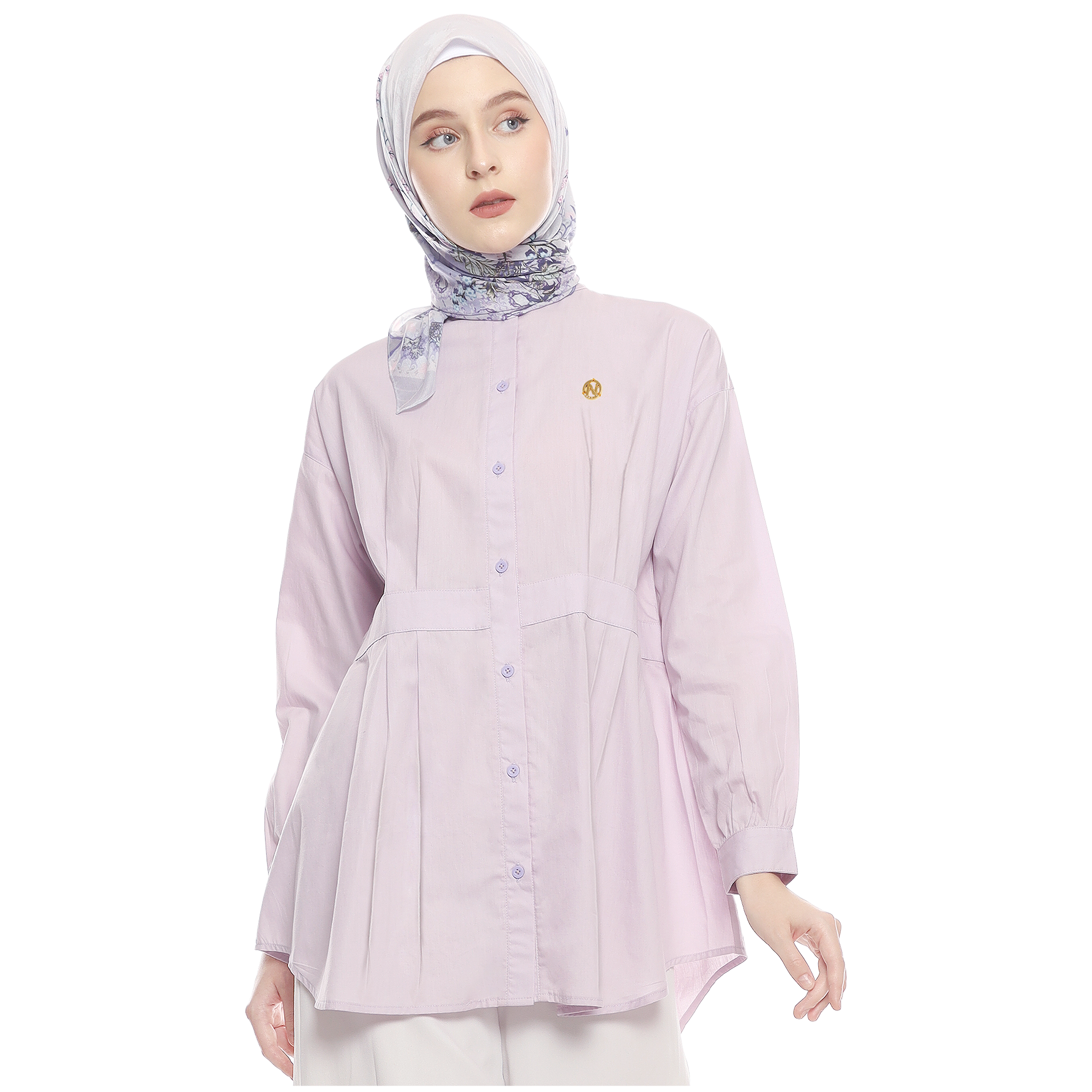 Cotton Shirt with Belt Accent on Pleats - Lilac