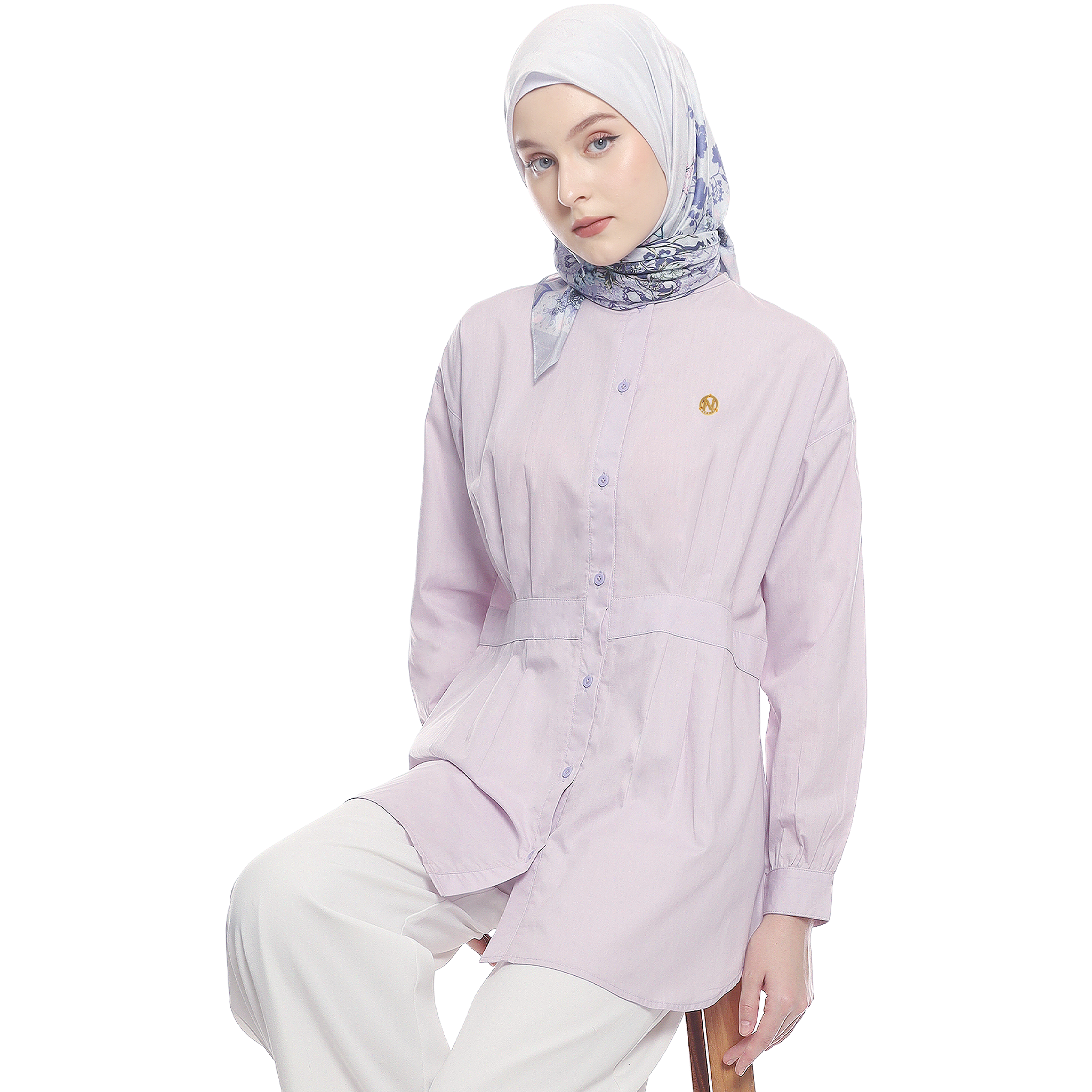 Cotton Shirt with Belt Accent on Pleats - Lilac