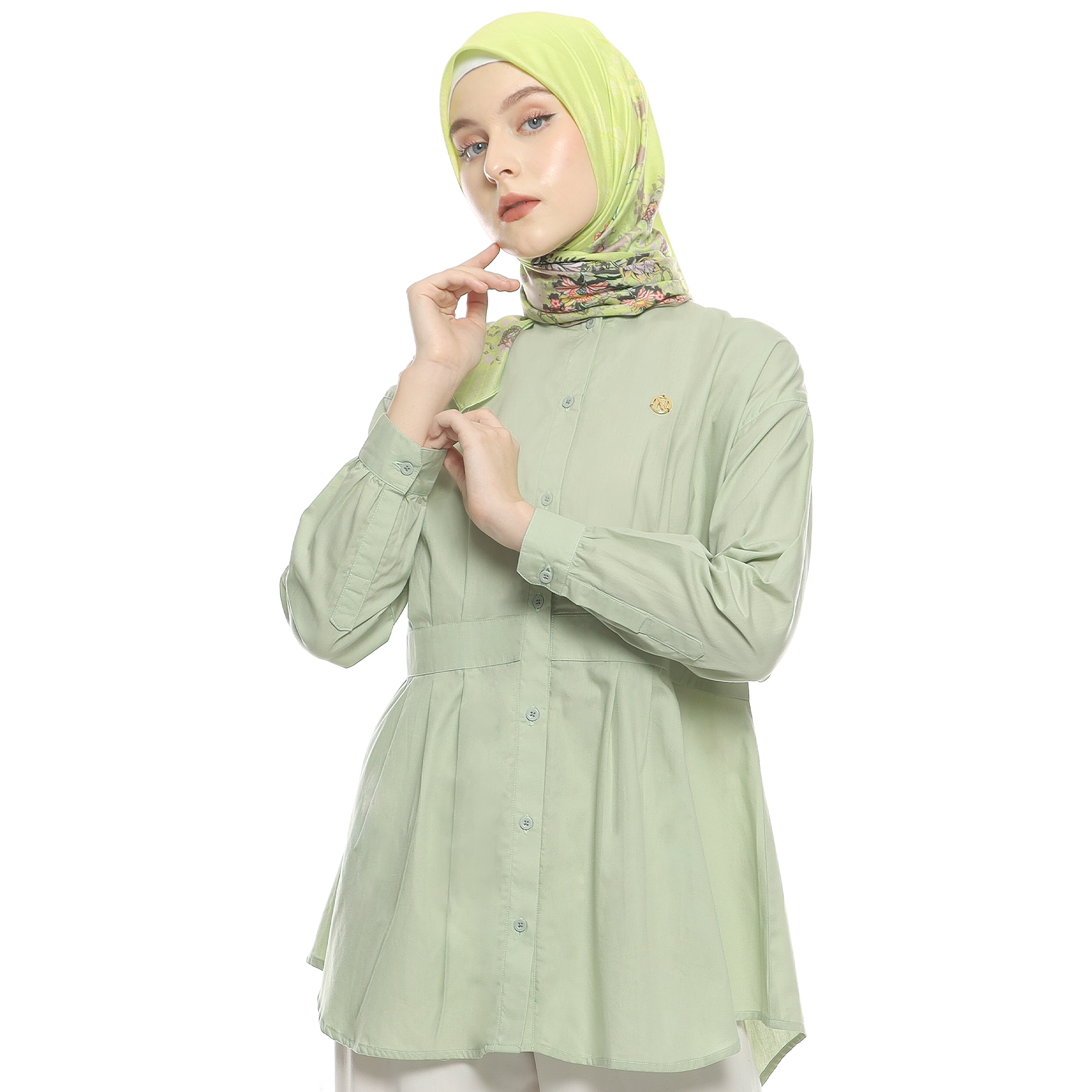 Cotton Shirt with Belt Accent on Pleats - Soft Green