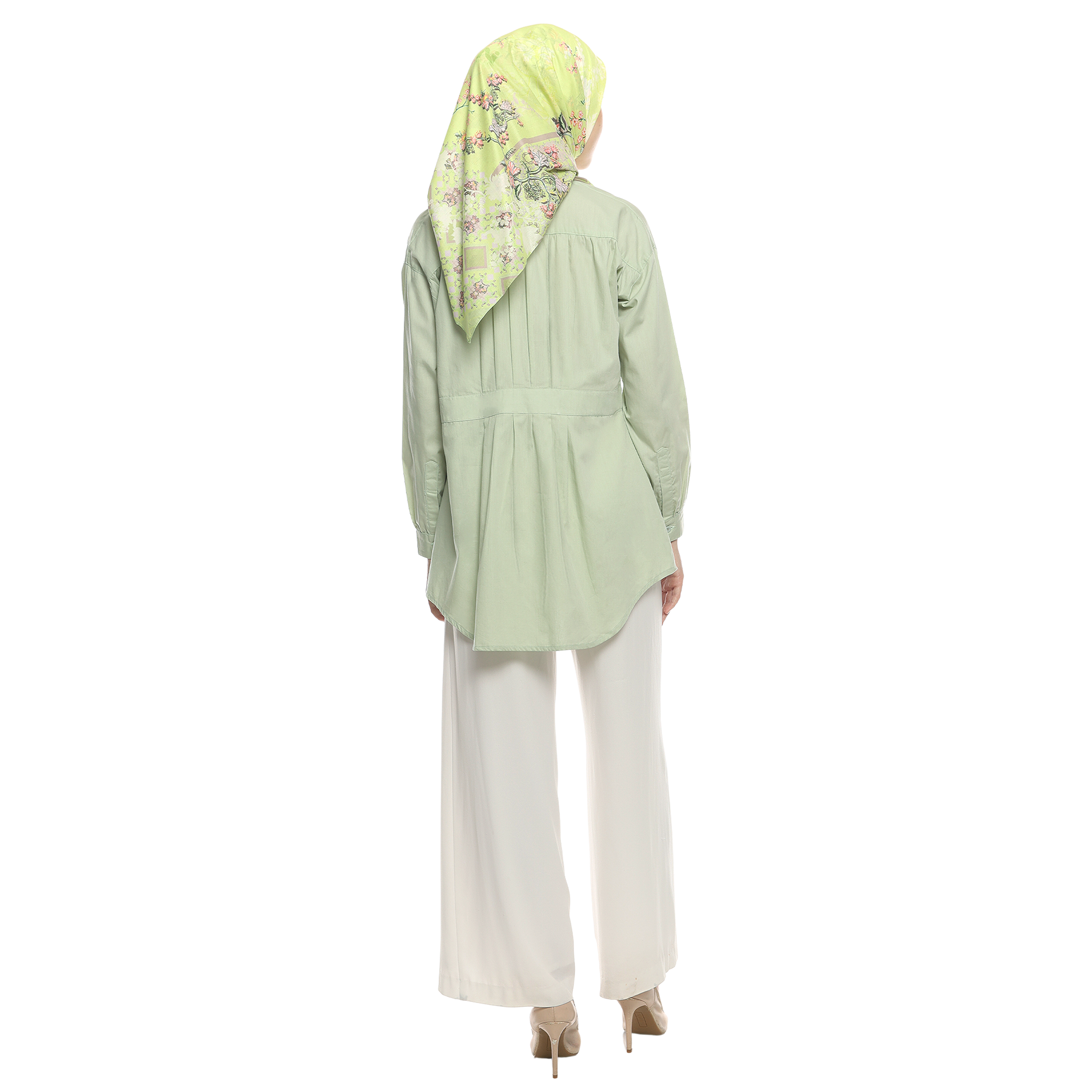 Cotton Shirt with Belt Accent on Pleats - Soft Green