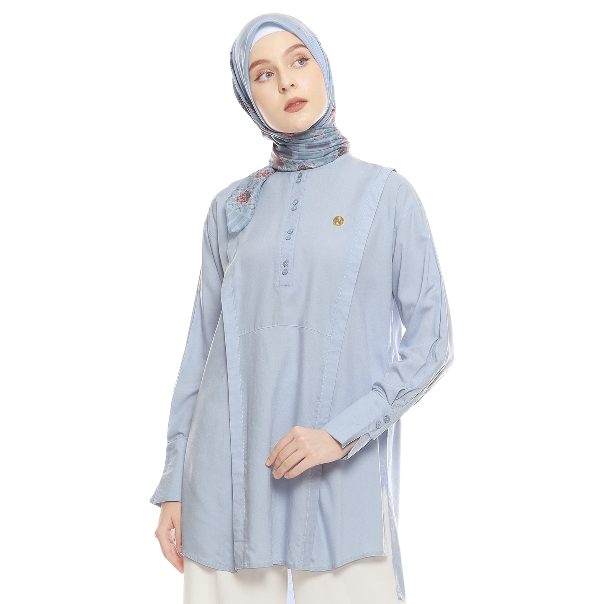 Cotton Shirt with Double Button - Blue