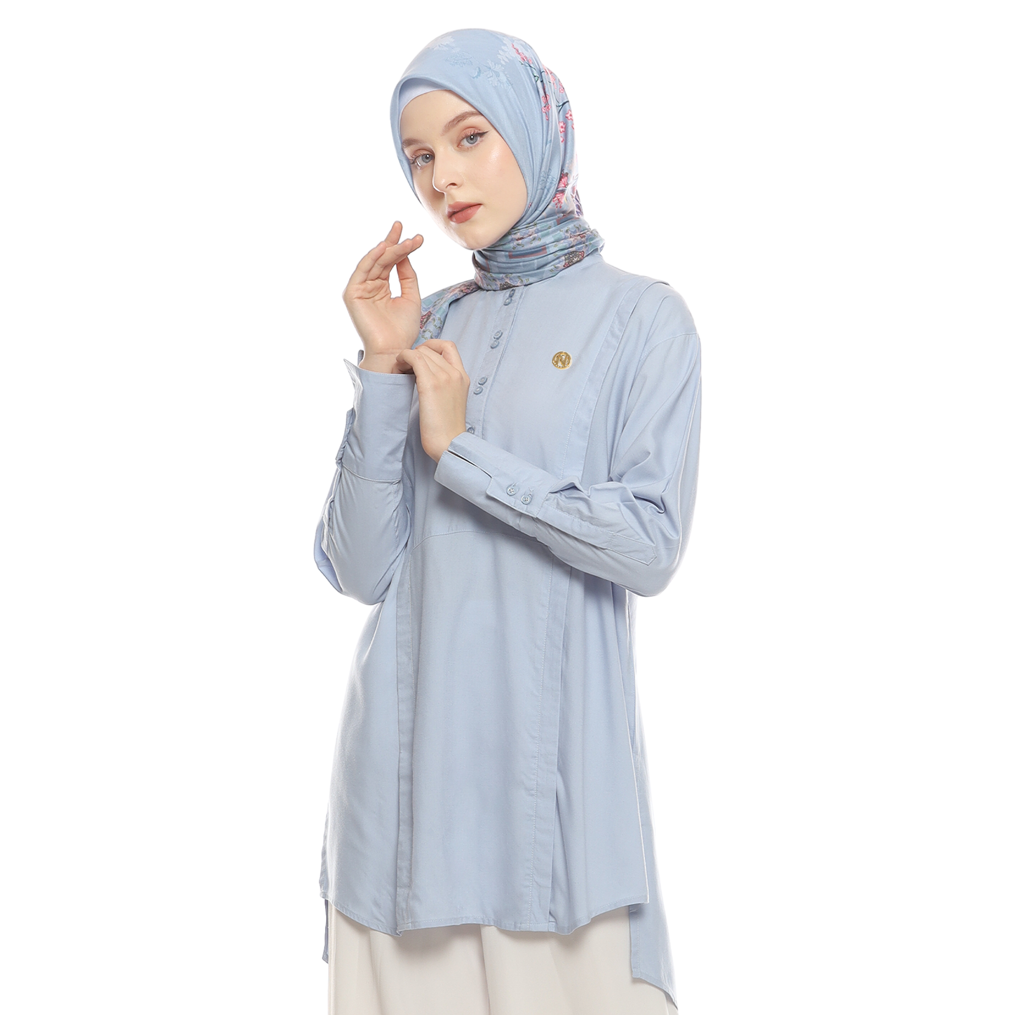 Cotton Shirt with Double Button - Blue