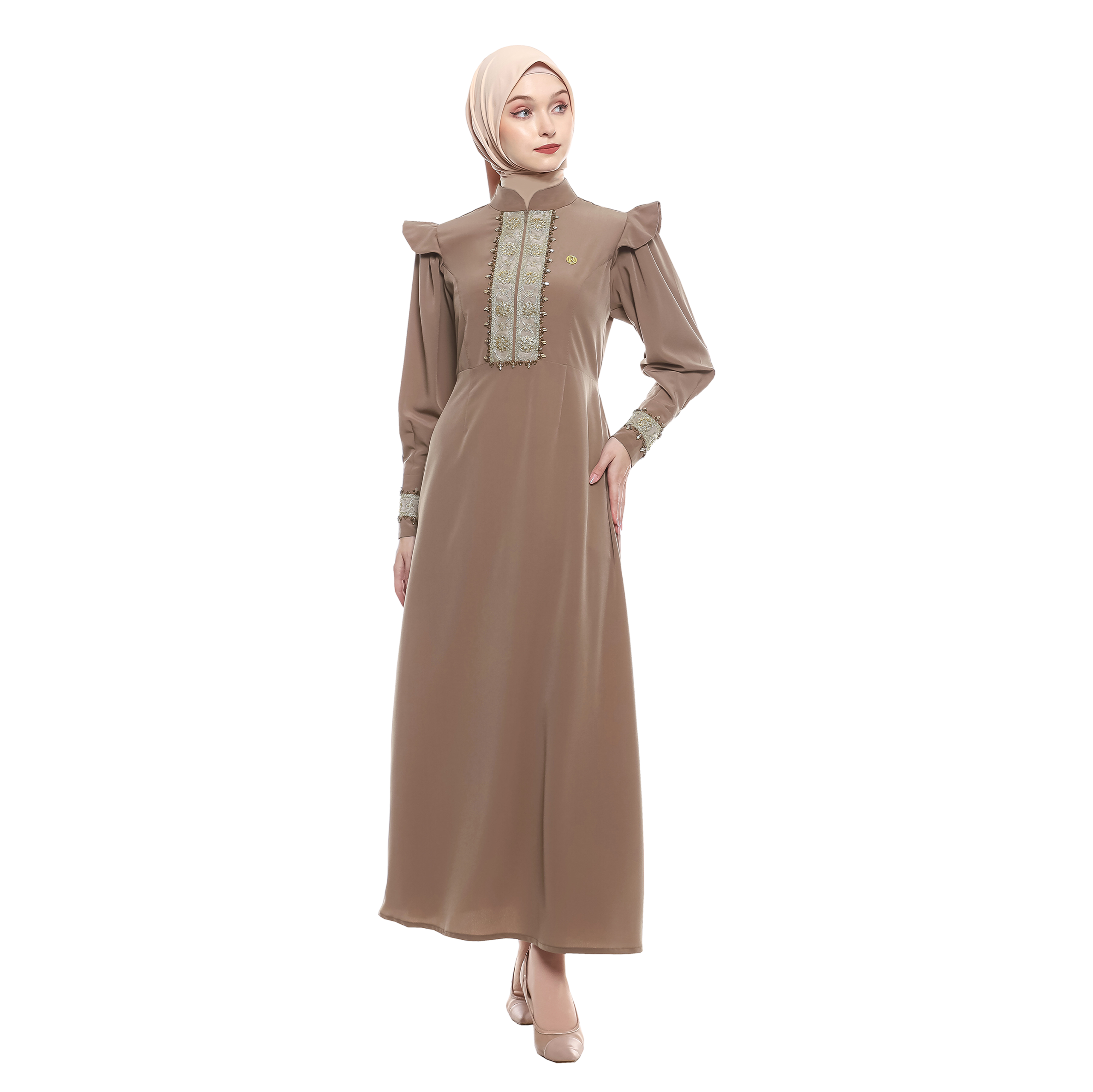 Peplum Long Dress in Premium Crepe - Mocca