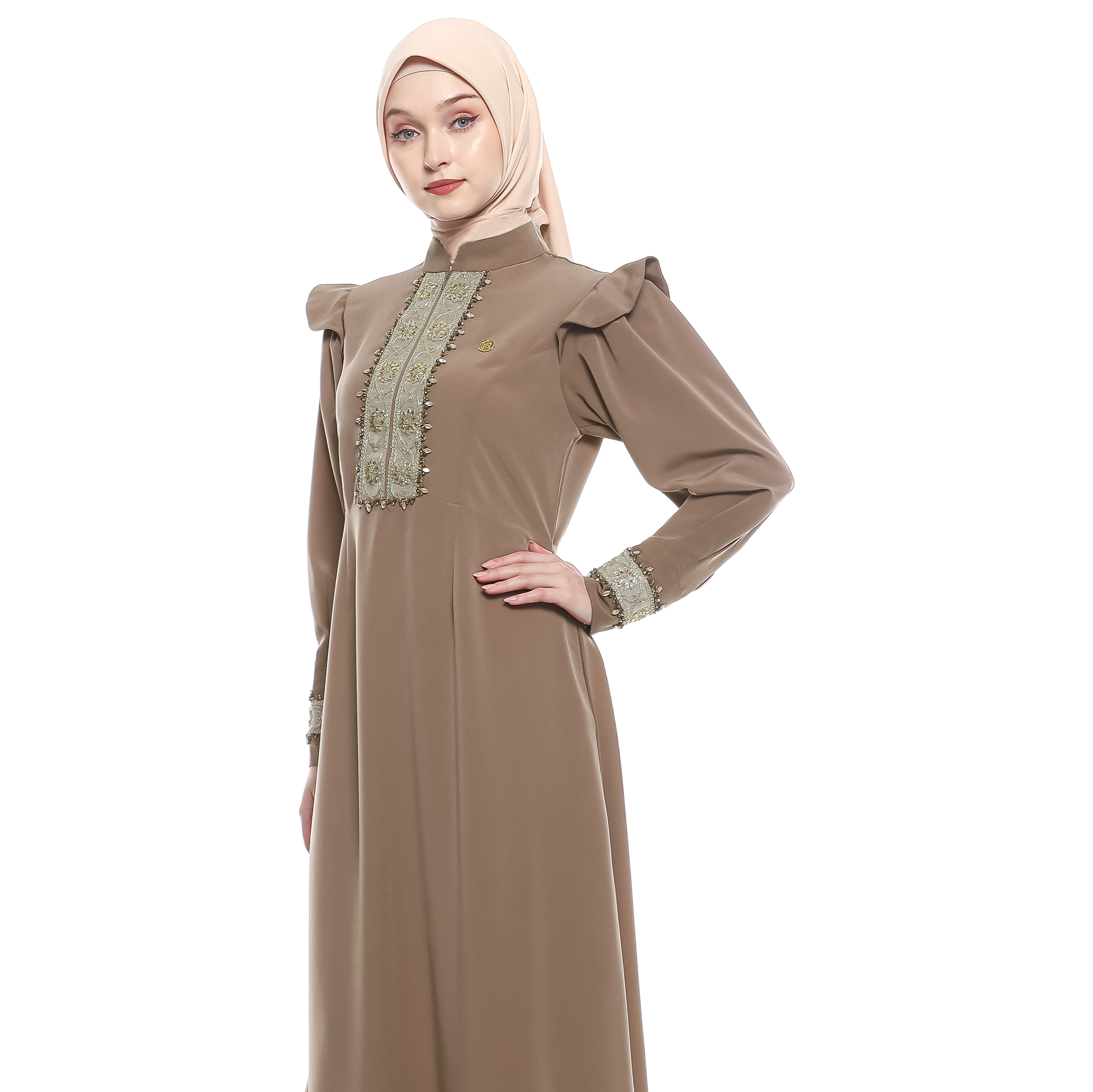 Peplum Long Dress in Premium Crepe - Mocca