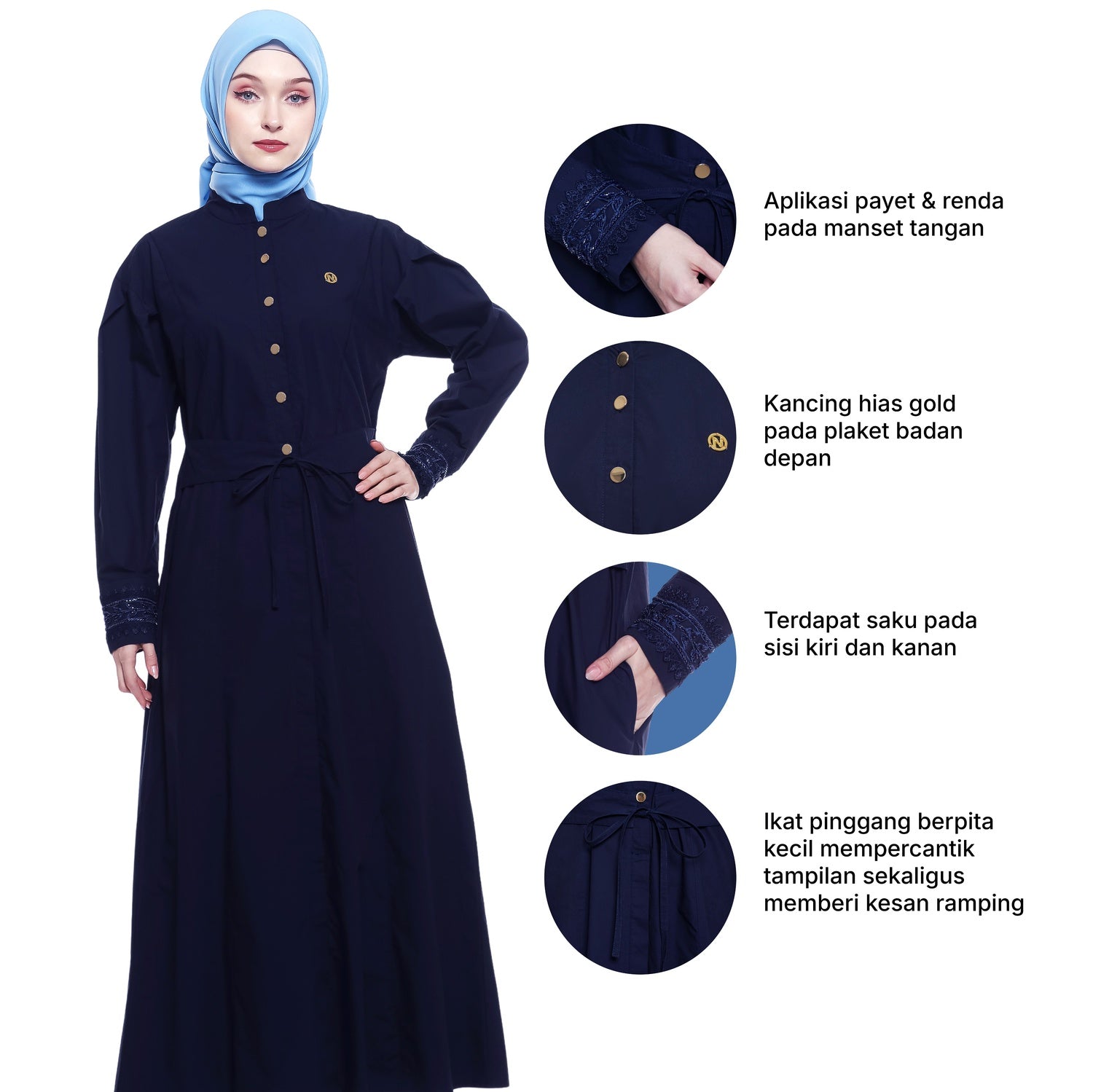 Cotton Long Dress with Puff Sleeve - Navy