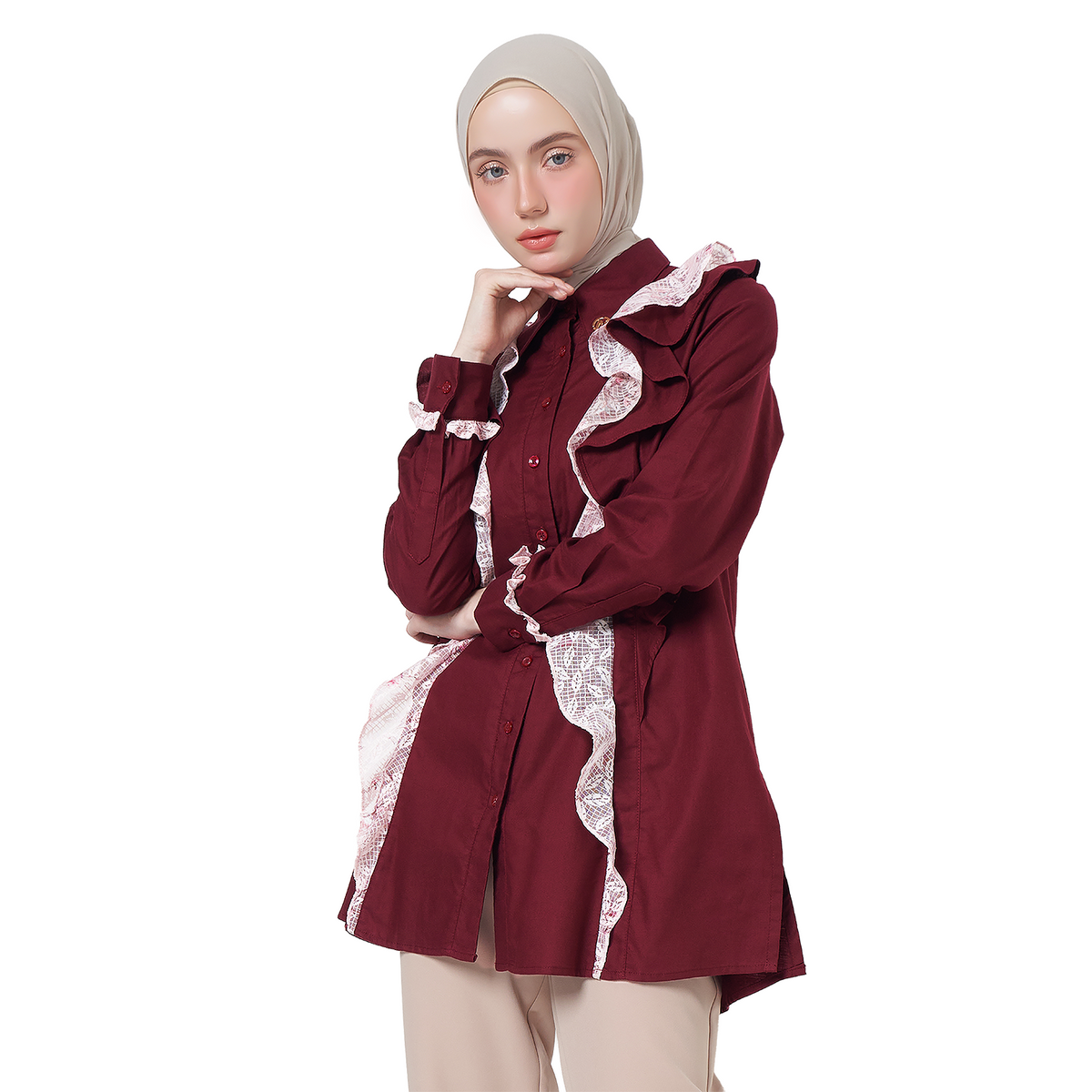 Ruffle Tunic Shirt – Maroon