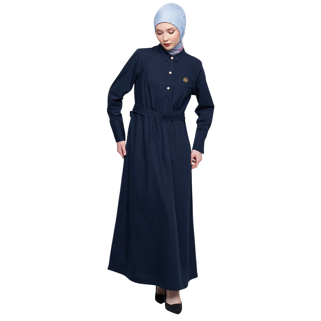 Cotton Abaya with Belt - Navy