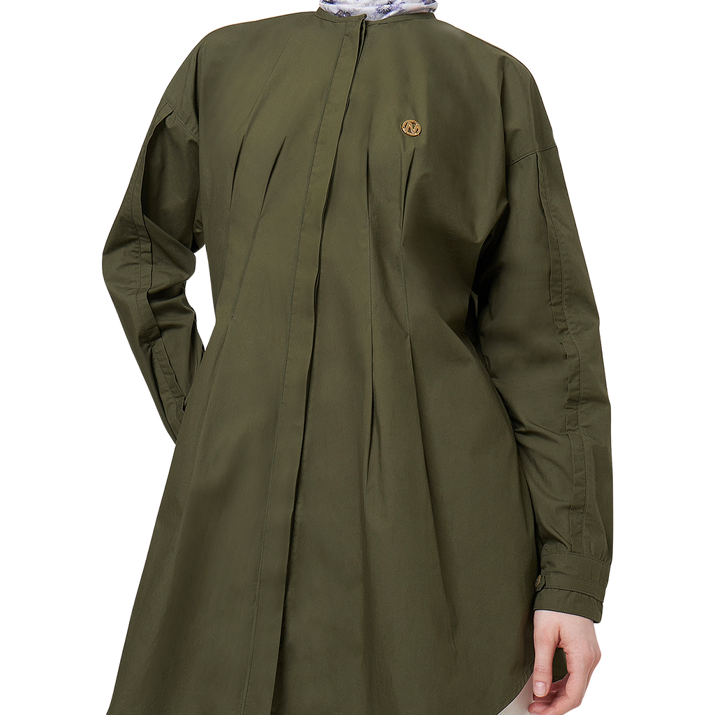 Cotton Blouse with Body Pleats - Olive Green