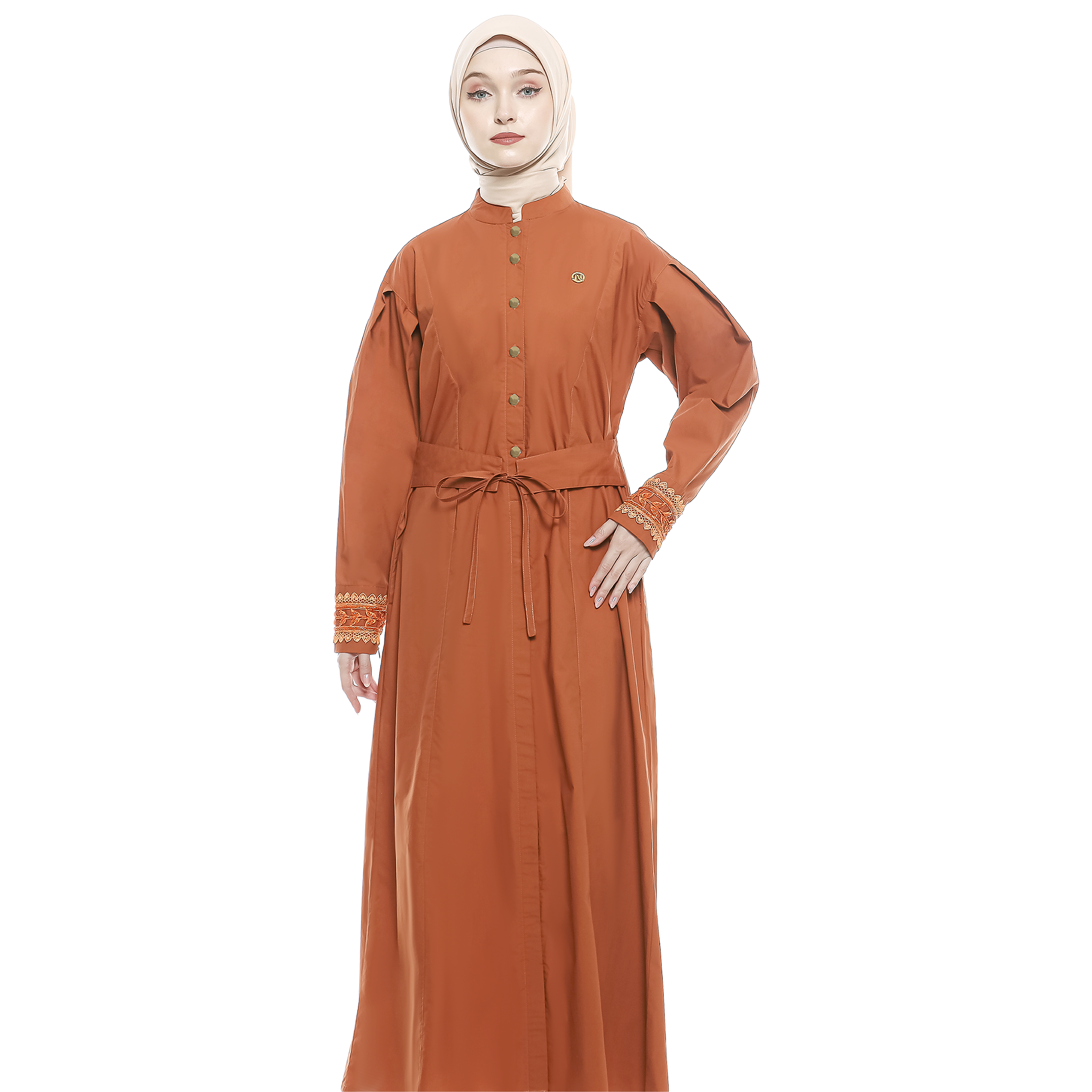 Cotton Long Dress with Puff Sleeve - Terracotta