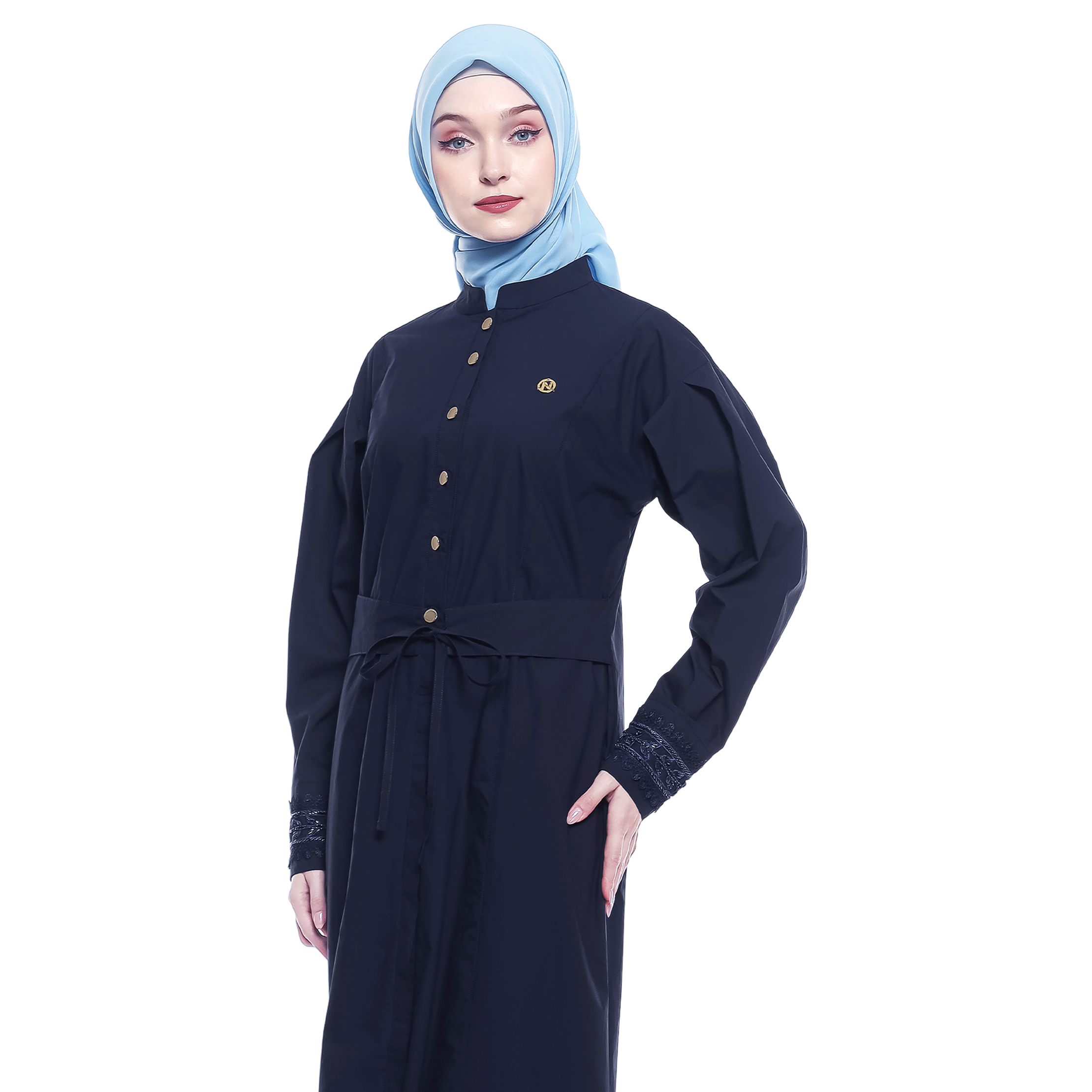 Cotton Long Dress with Puff Sleeve - Navy