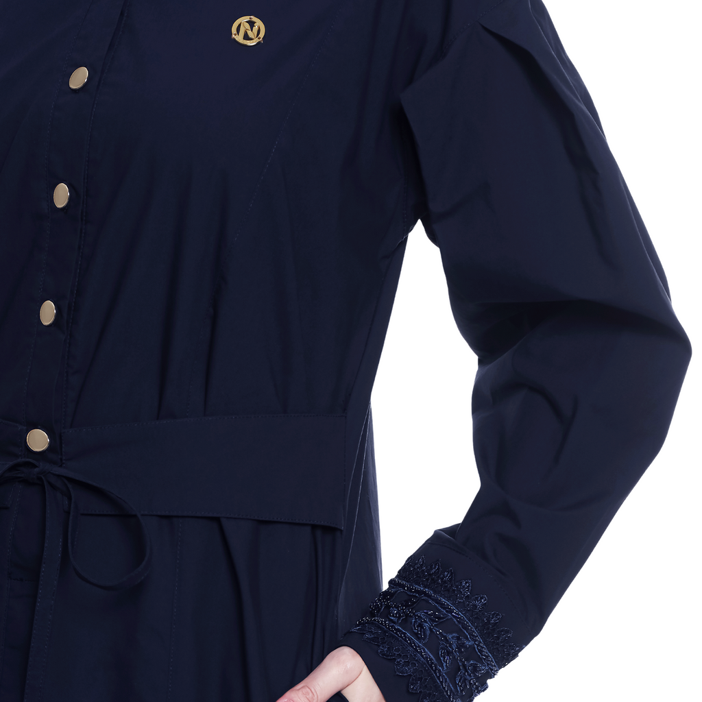 Cotton Long Dress with Puff Sleeve - Navy