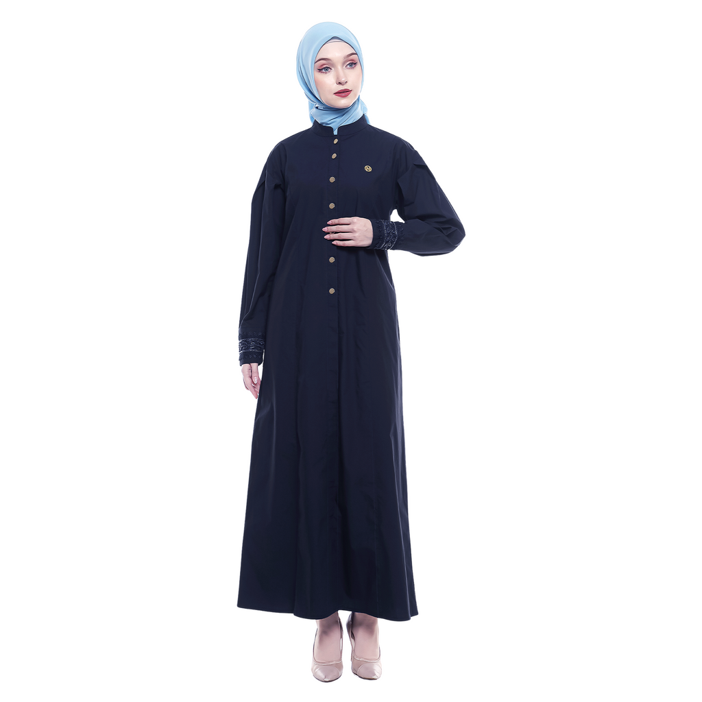 Cotton Long Dress with Puff Sleeve - Navy