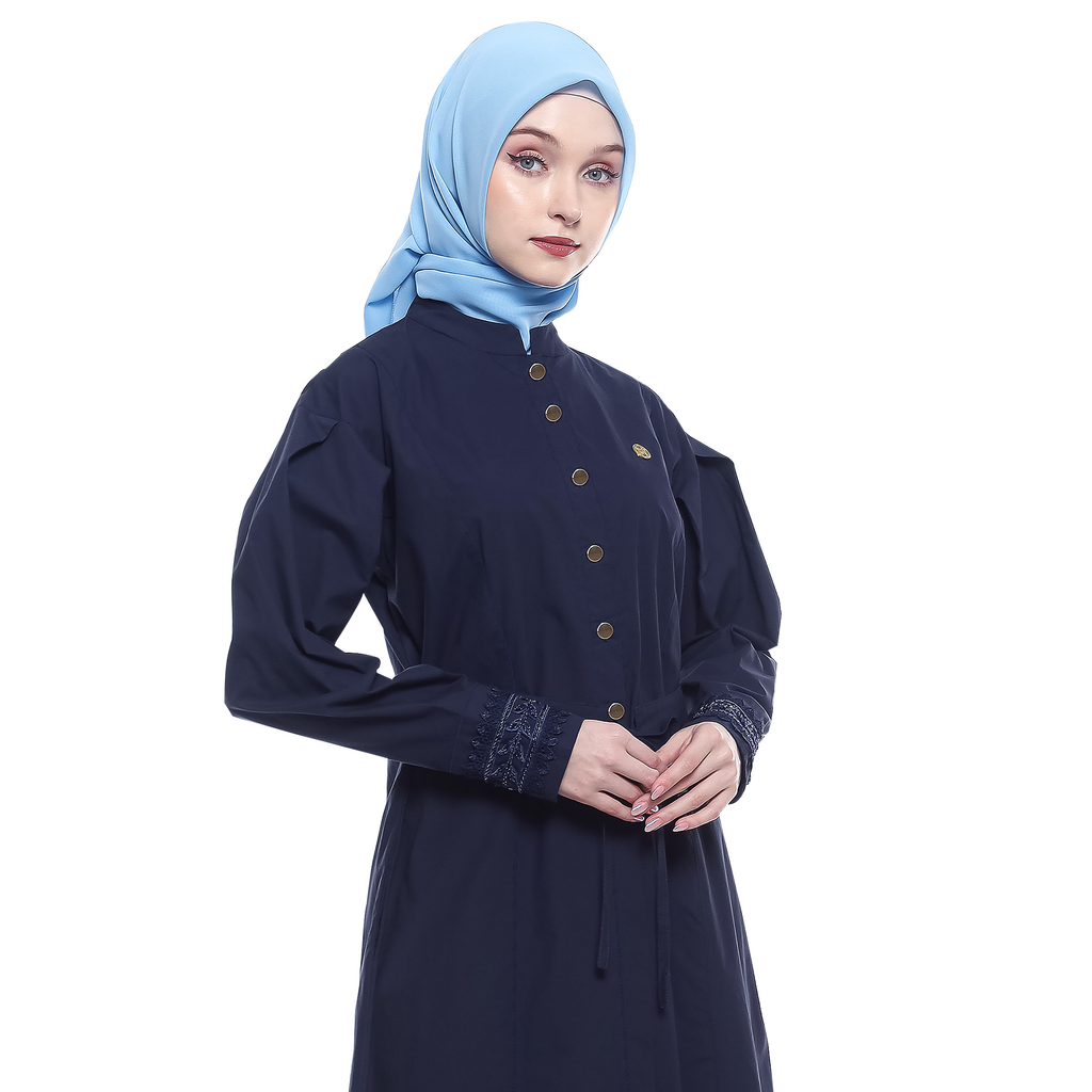 Cotton Long Dress with Puff Sleeve - Navy