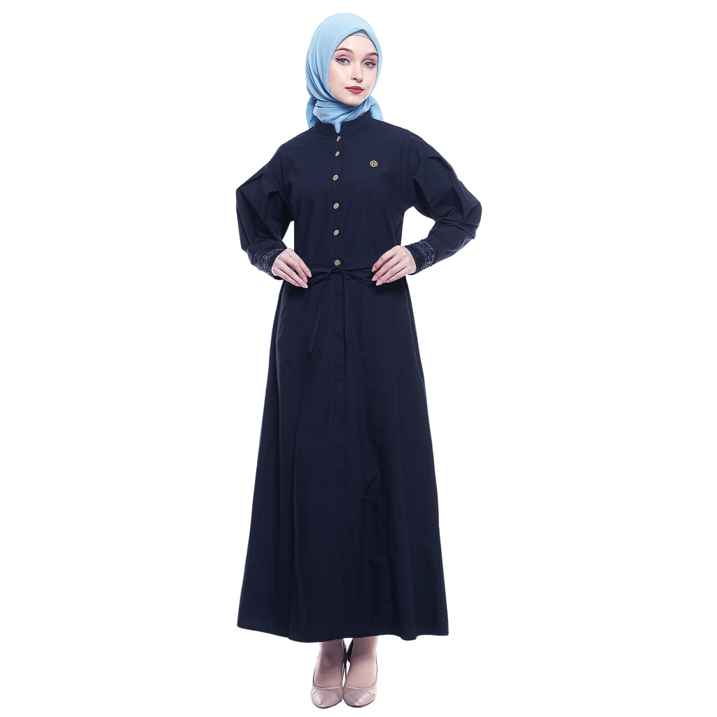 Cotton Long Dress with Puff Sleeve - Navy