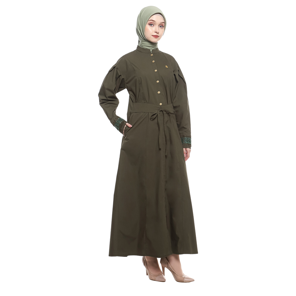 Cotton Long Dress with Puff Sleeve - Olive Green