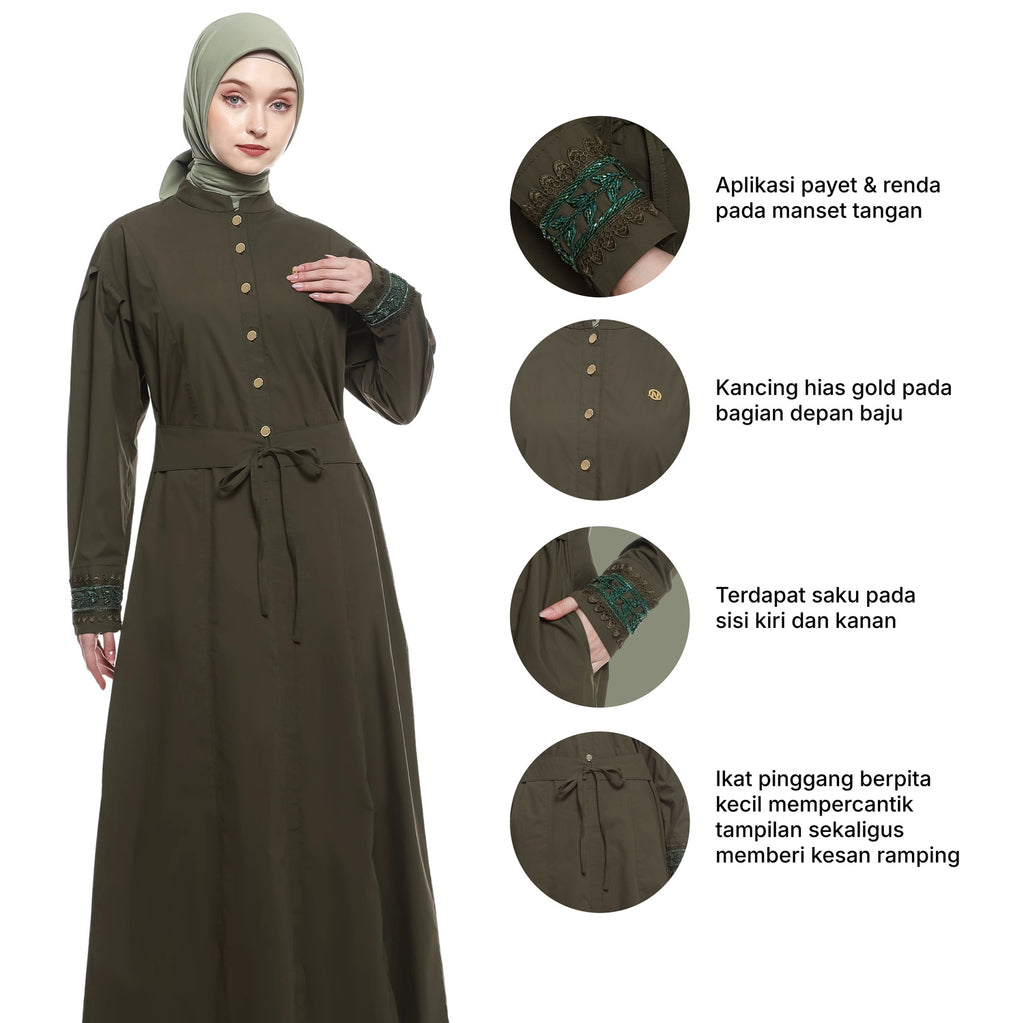 Cotton Long Dress with Puff Sleeve - Olive Green