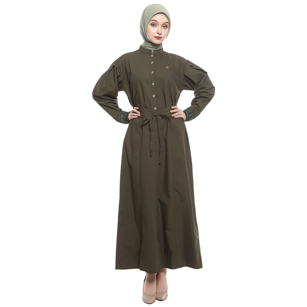 Cotton Long Dress with Puff Sleeve - Olive Green