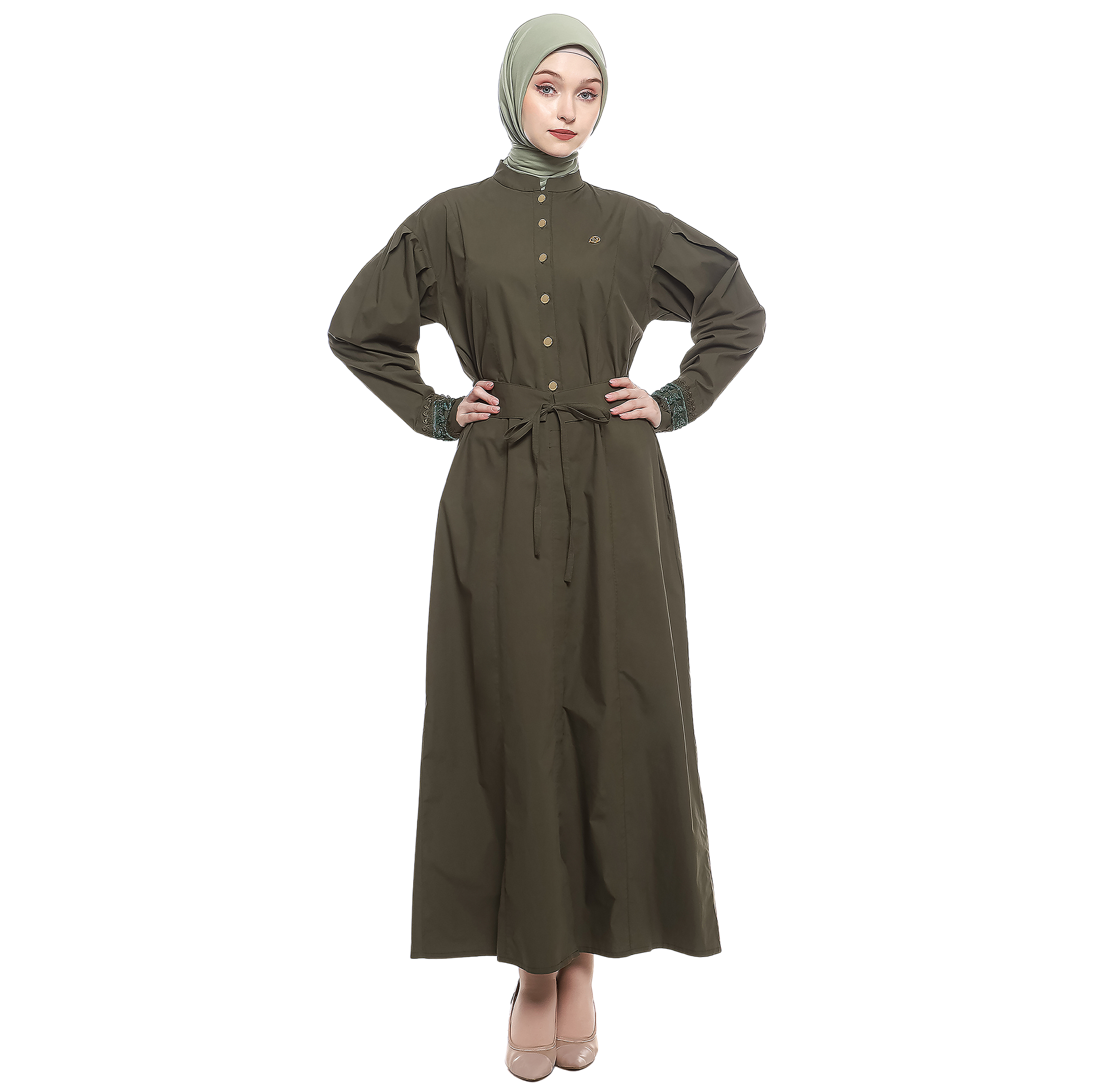 Cotton Long Dress with Puff Sleeve - Olive Green