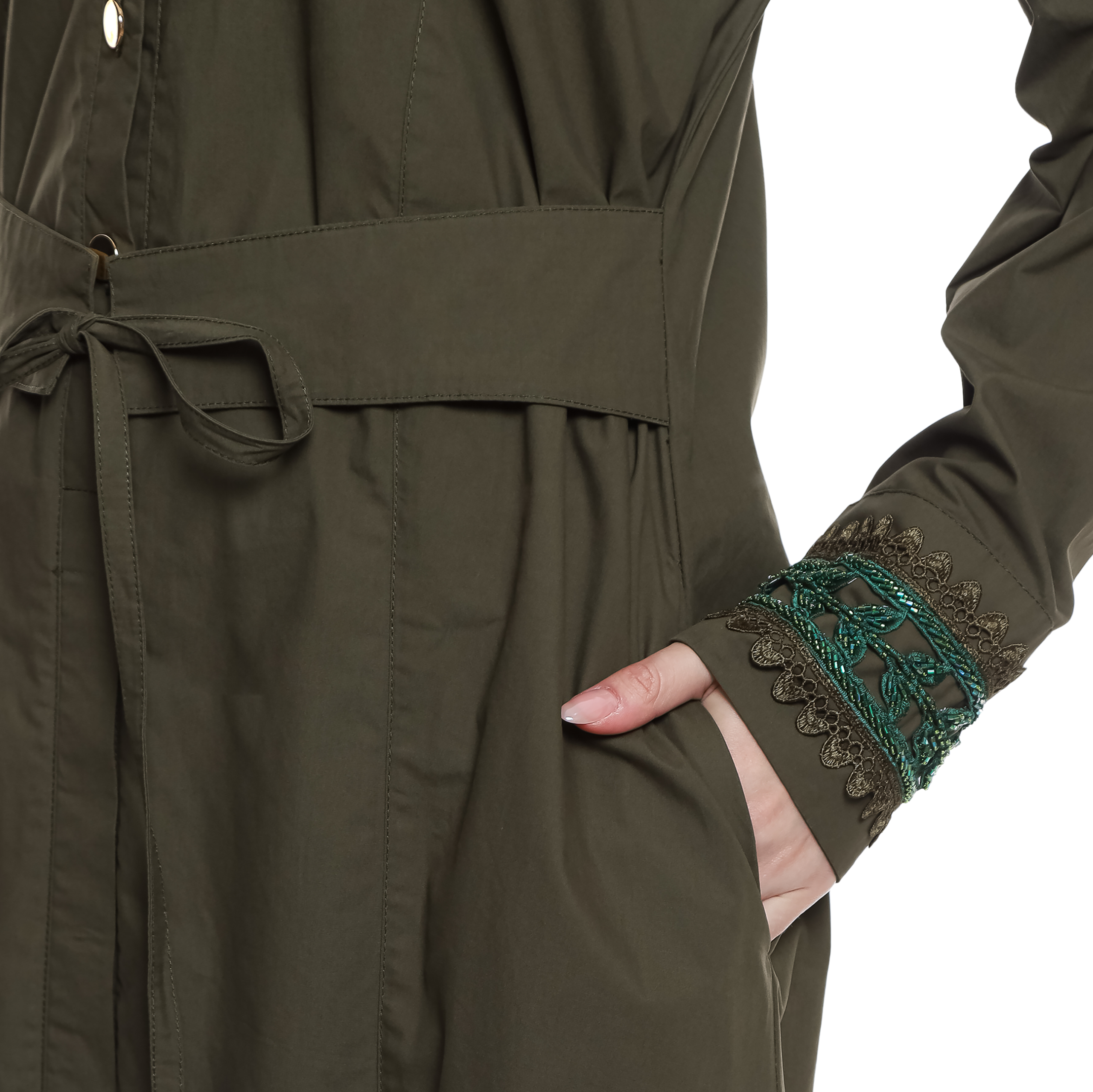 Cotton Long Dress with Puff Sleeve - Olive Green