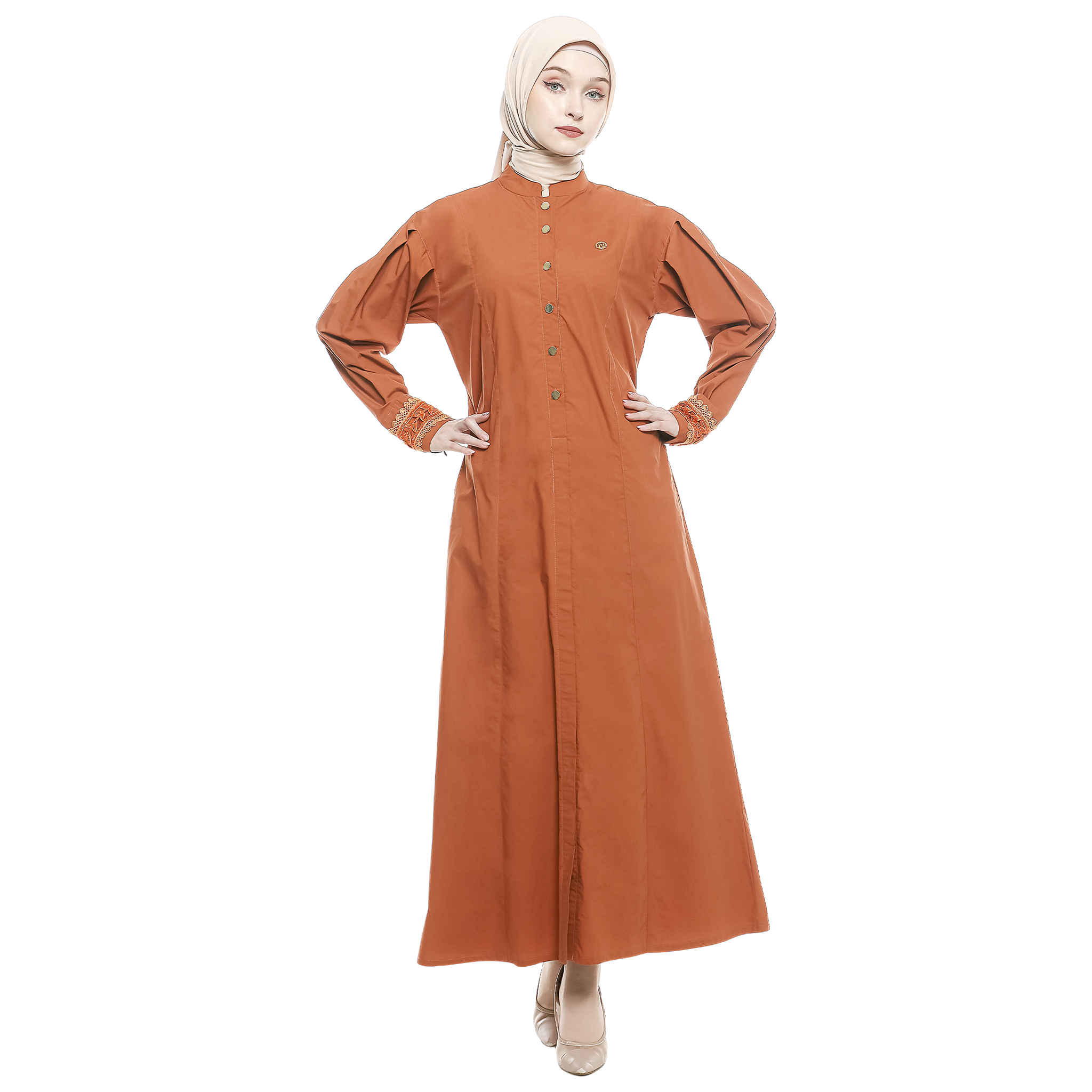 Cotton Long Dress with Puff Sleeve - Terracotta
