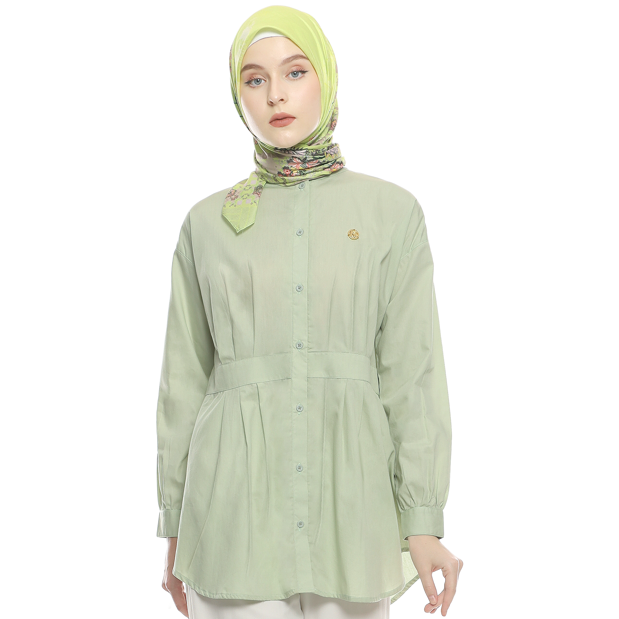 Cotton Shirt with Belt Accent on Pleats - Soft Green