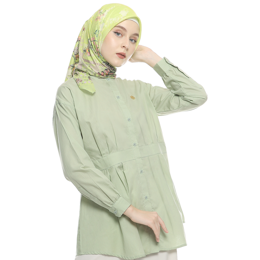 Cotton Shirt with Belt Accent on Pleats - Soft Green