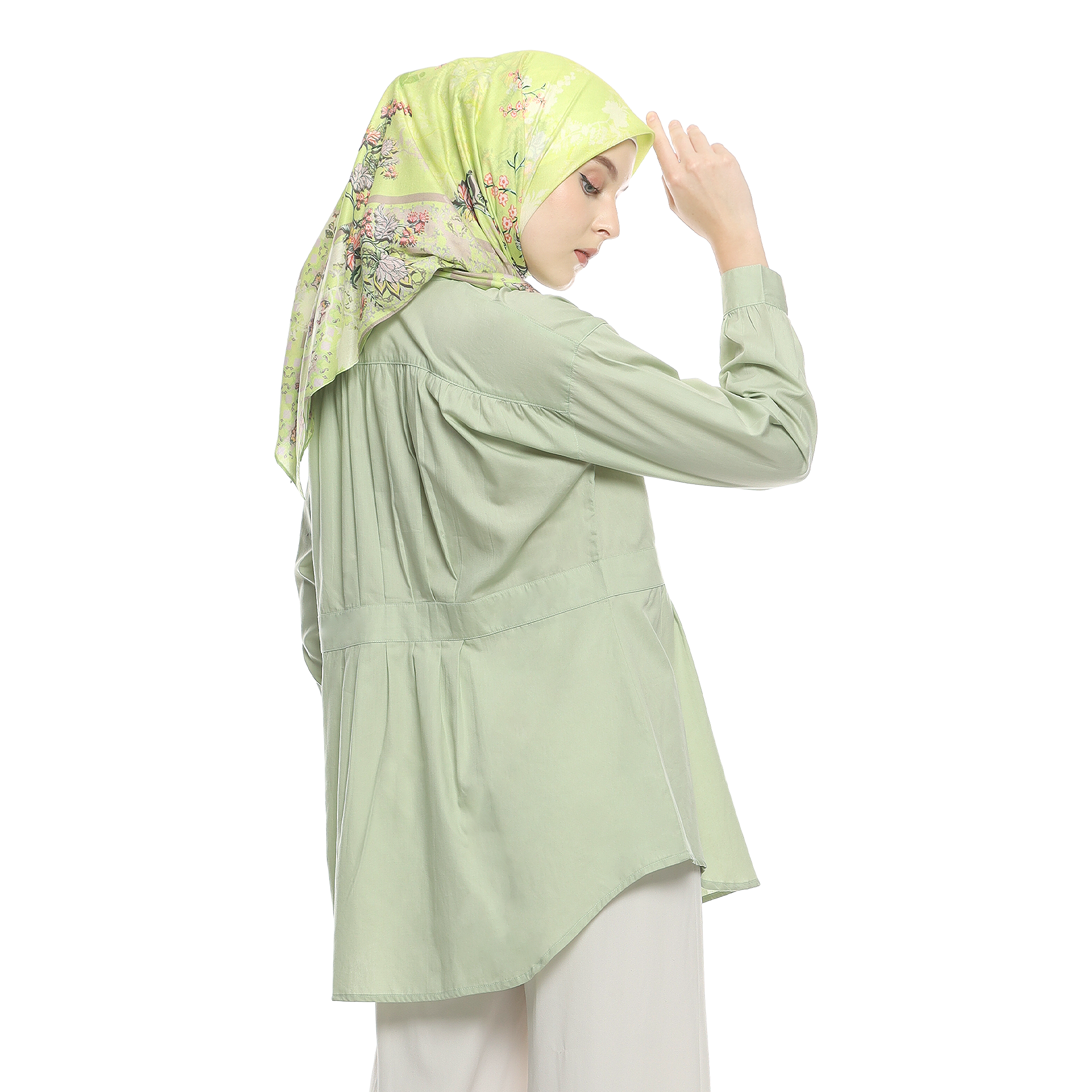 Cotton Shirt with Belt Accent on Pleats - Soft Green