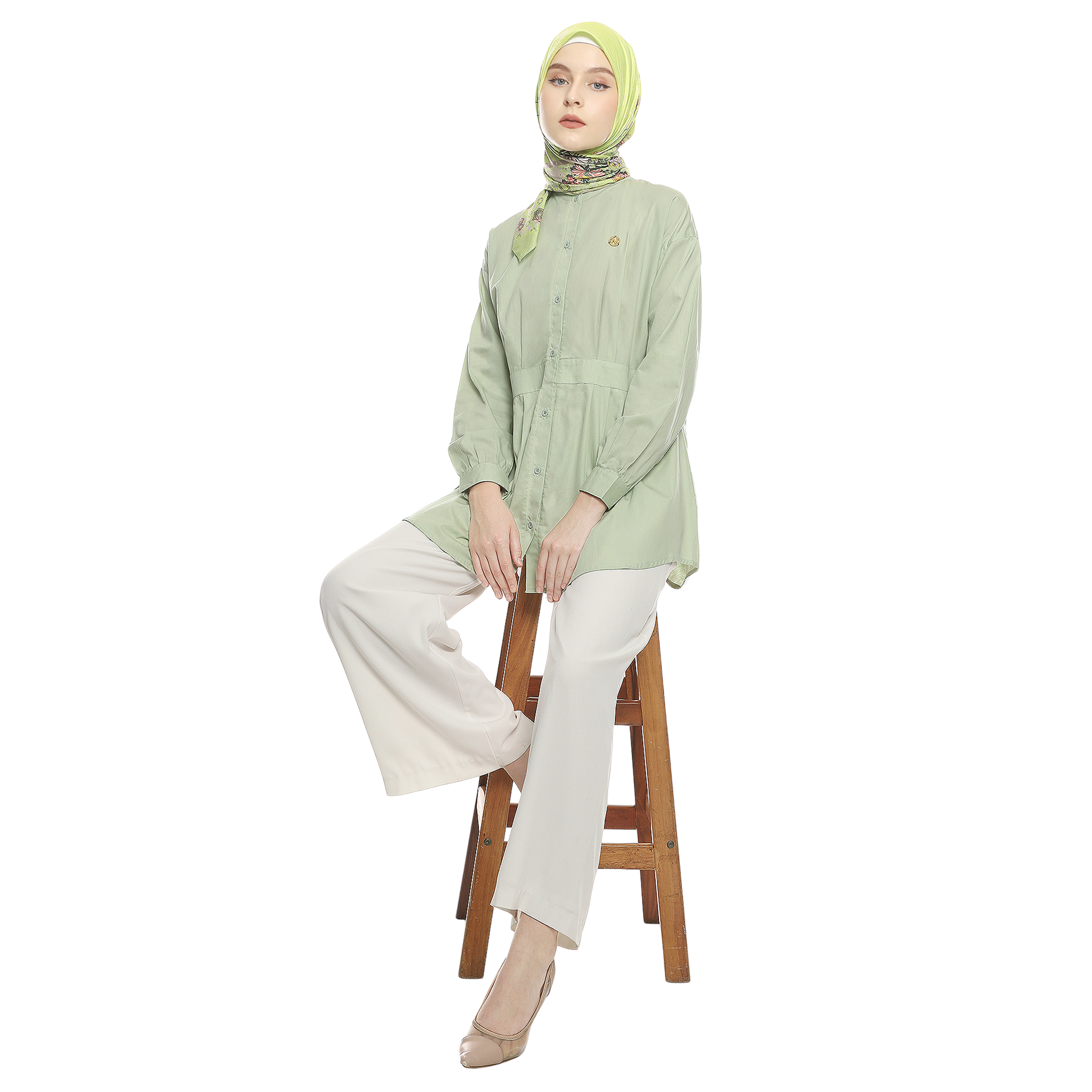 Cotton Shirt with Belt Accent on Pleats - Soft Green