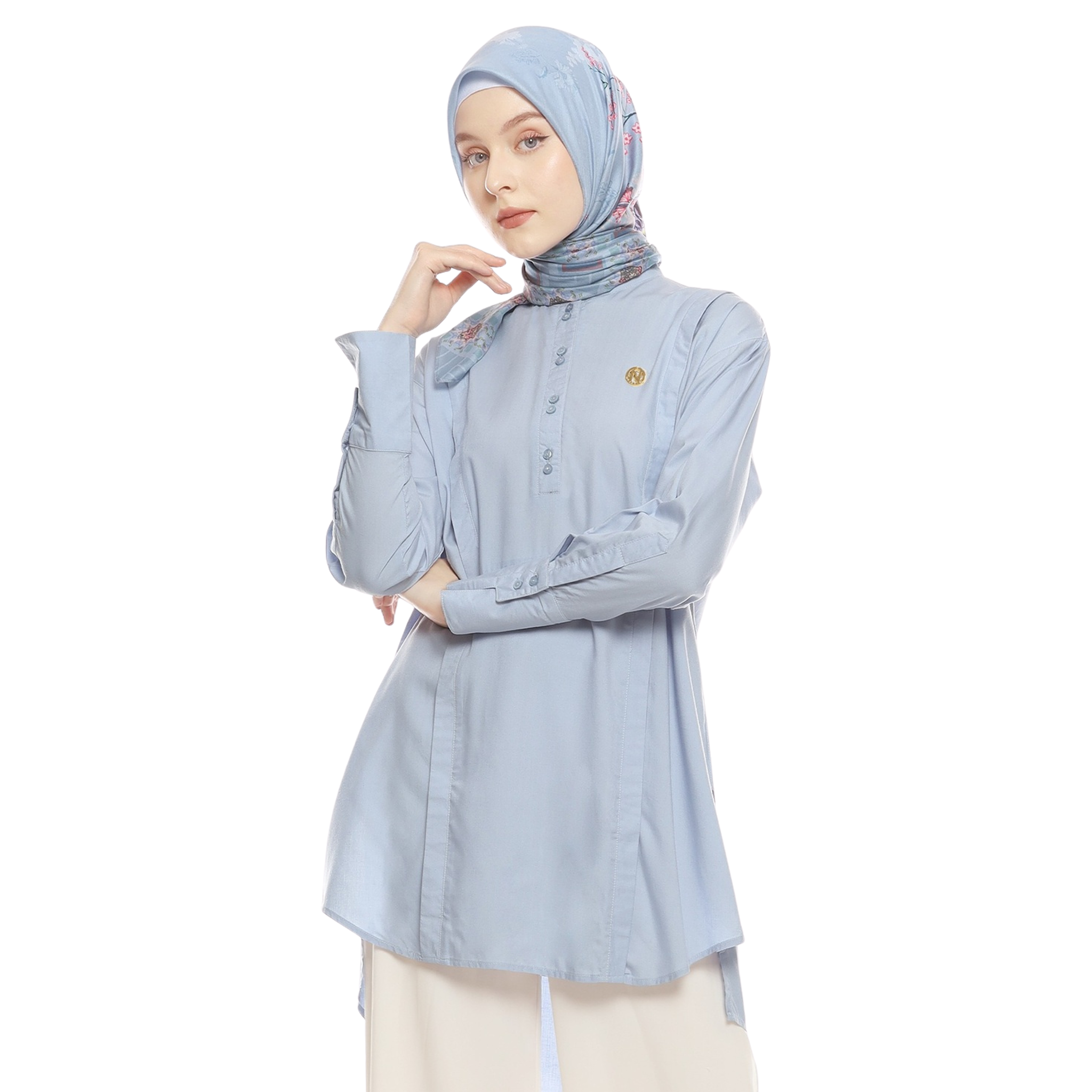 Cotton Shirt with Double Button - Blue