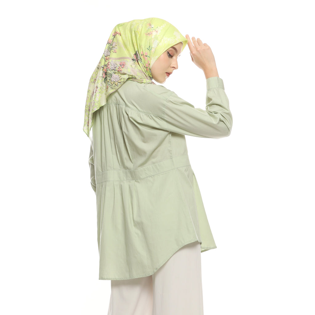 Soft Green Shirt with Belt Accent on Pleats