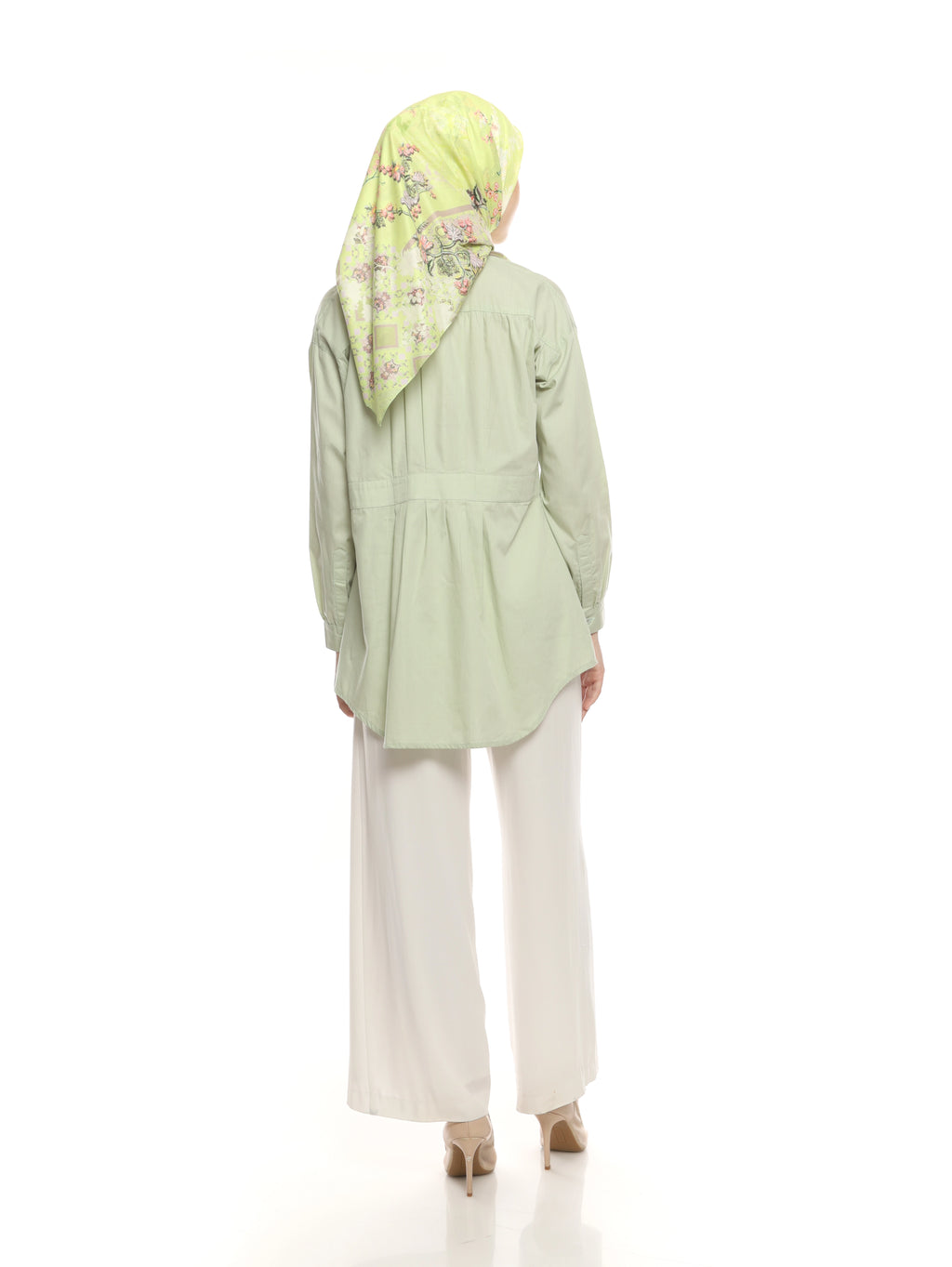 Soft Green Shirt with Belt Accent on Pleats