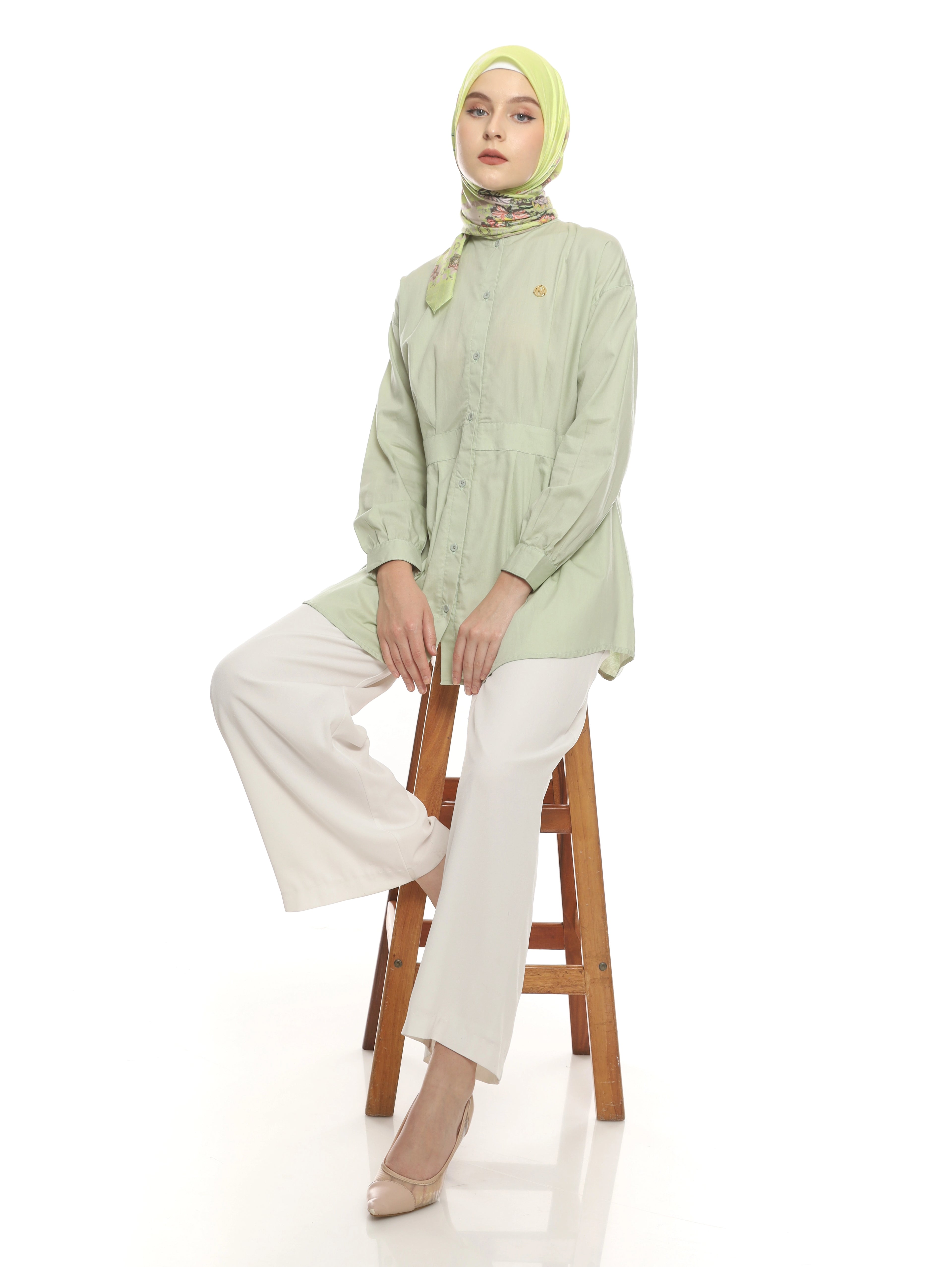 Soft Green Shirt with Belt Accent on Pleats