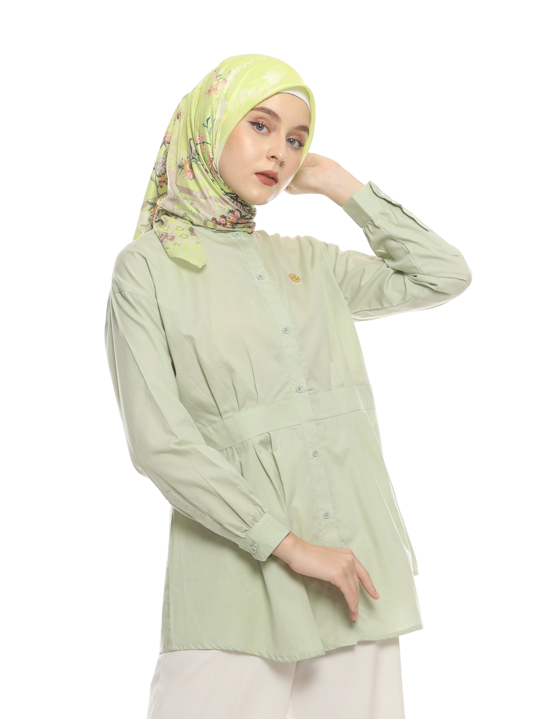 Soft Green Shirt with Belt Accent on Pleats