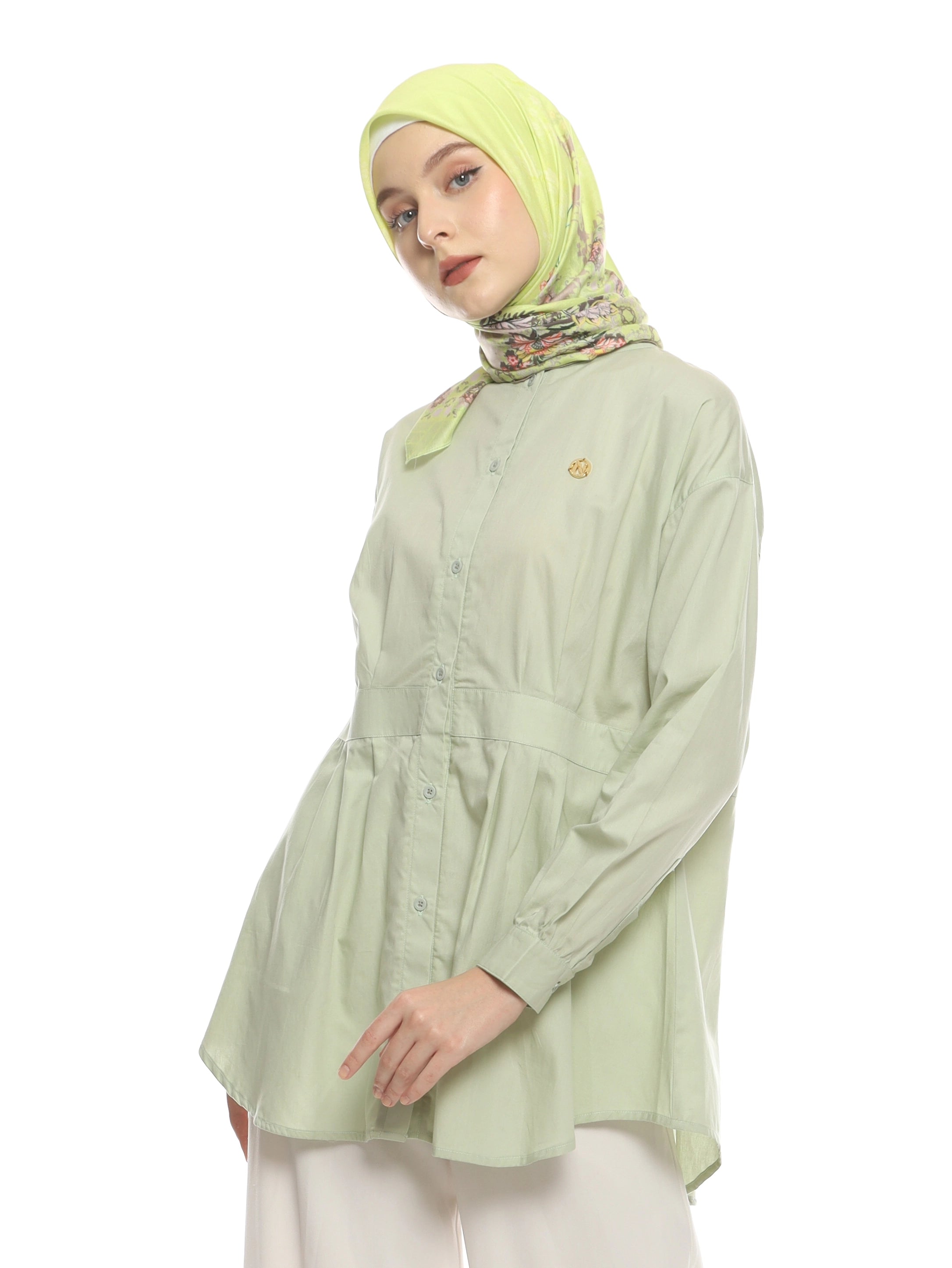 Soft Green Shirt with Belt Accent on Pleats