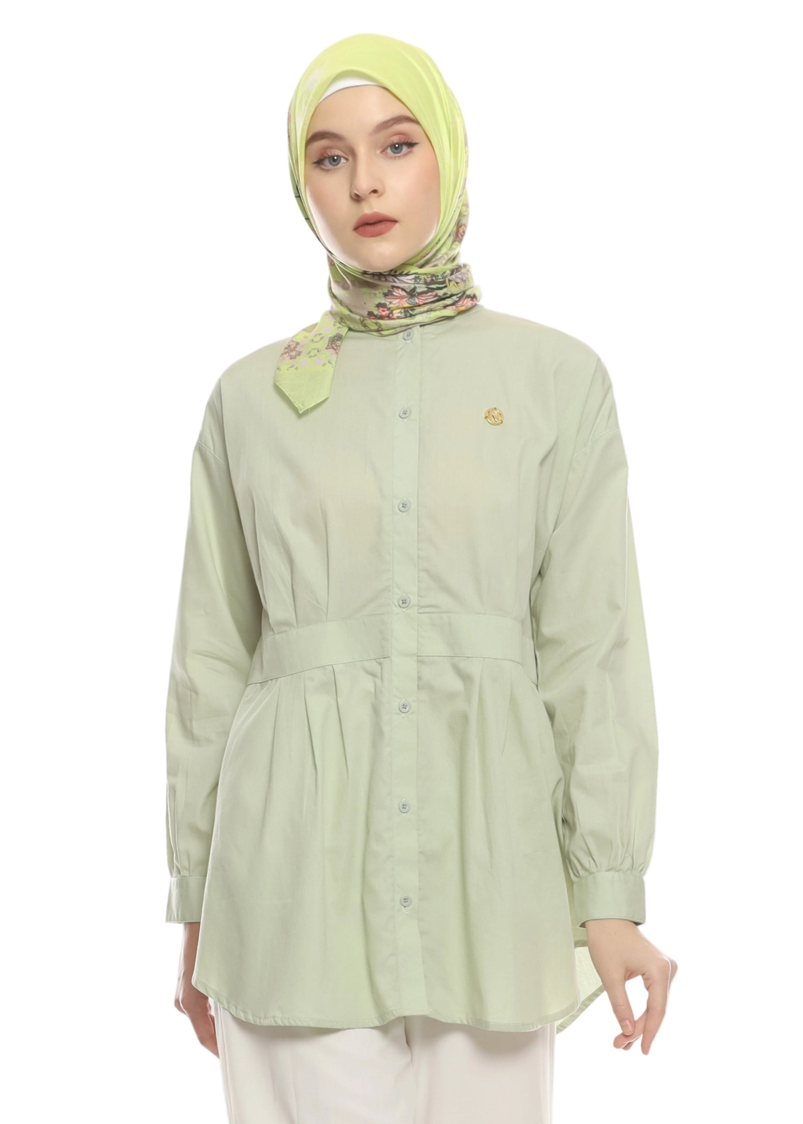 Soft Green Shirt with Belt Accent on Pleats