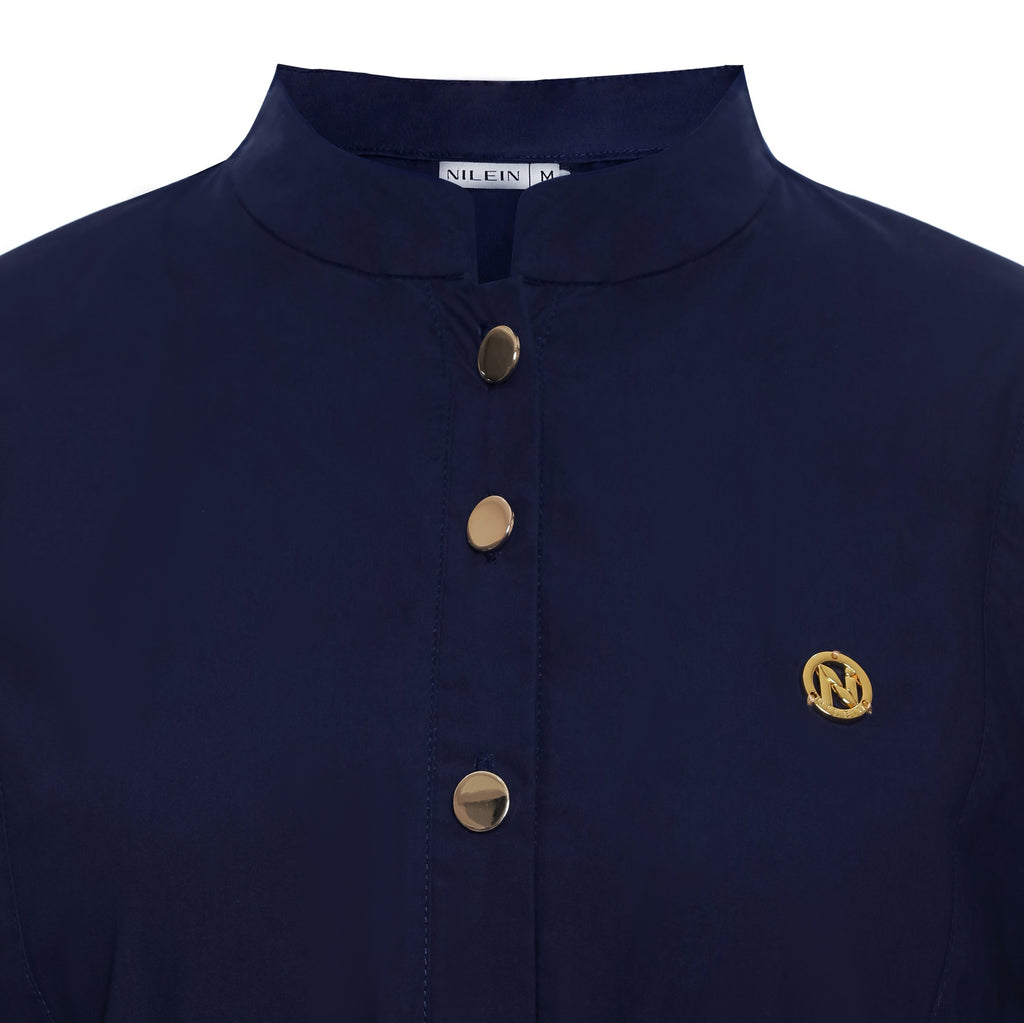 Cotton Long Dress with Puff Sleeve - Navy