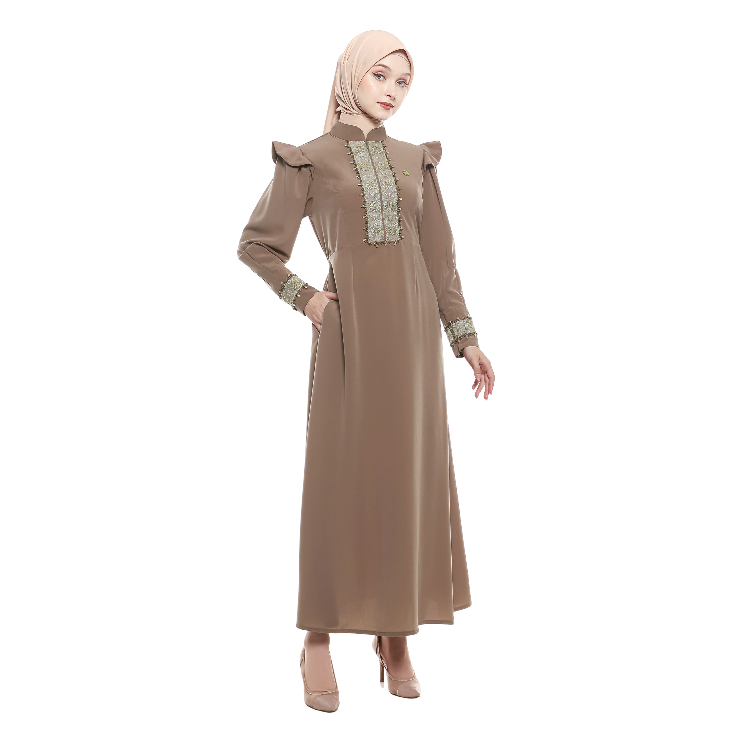Peplum Long Dress in Premium Crepe - Mocca