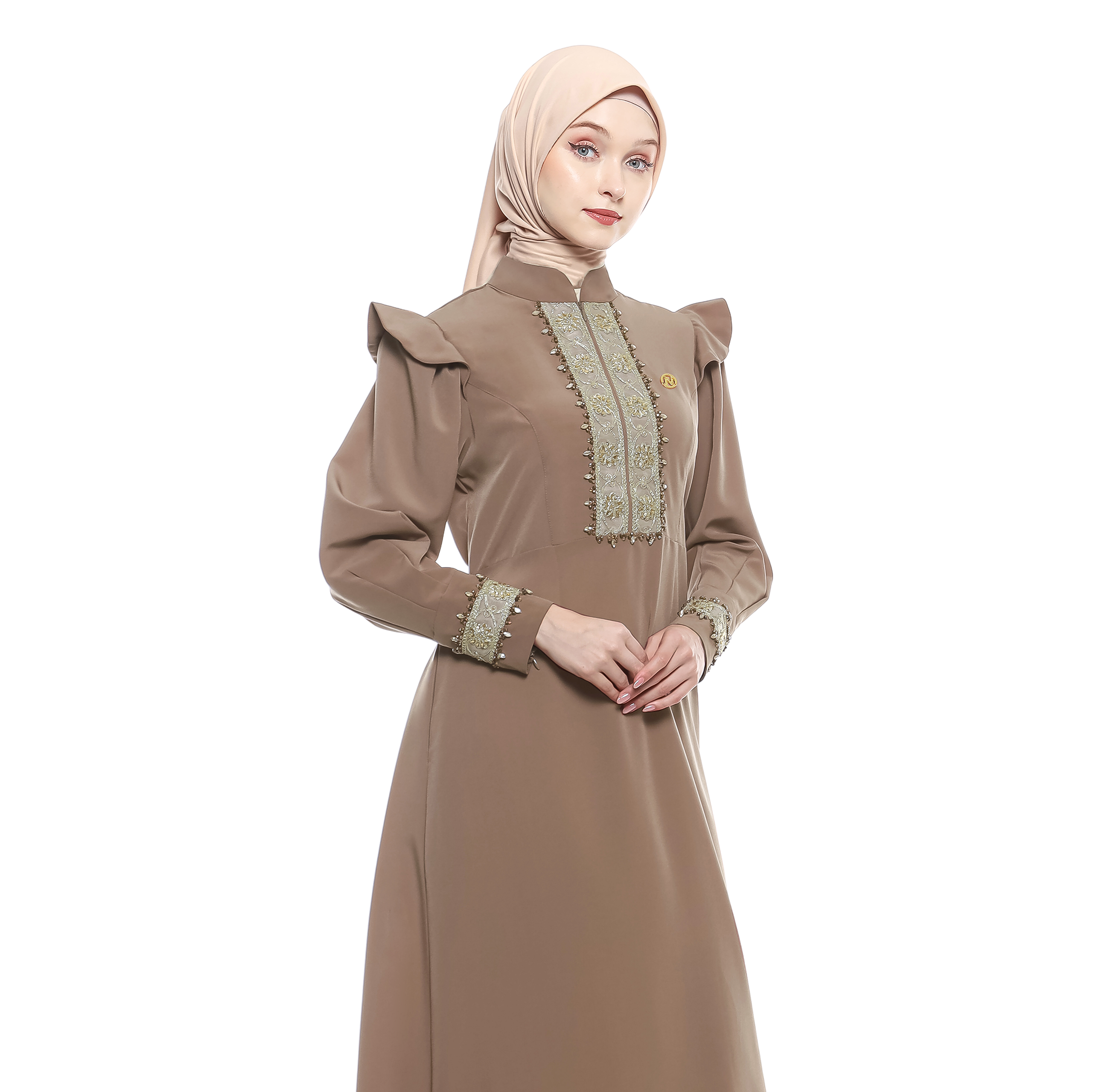 Peplum Long Dress in Premium Crepe - Mocca
