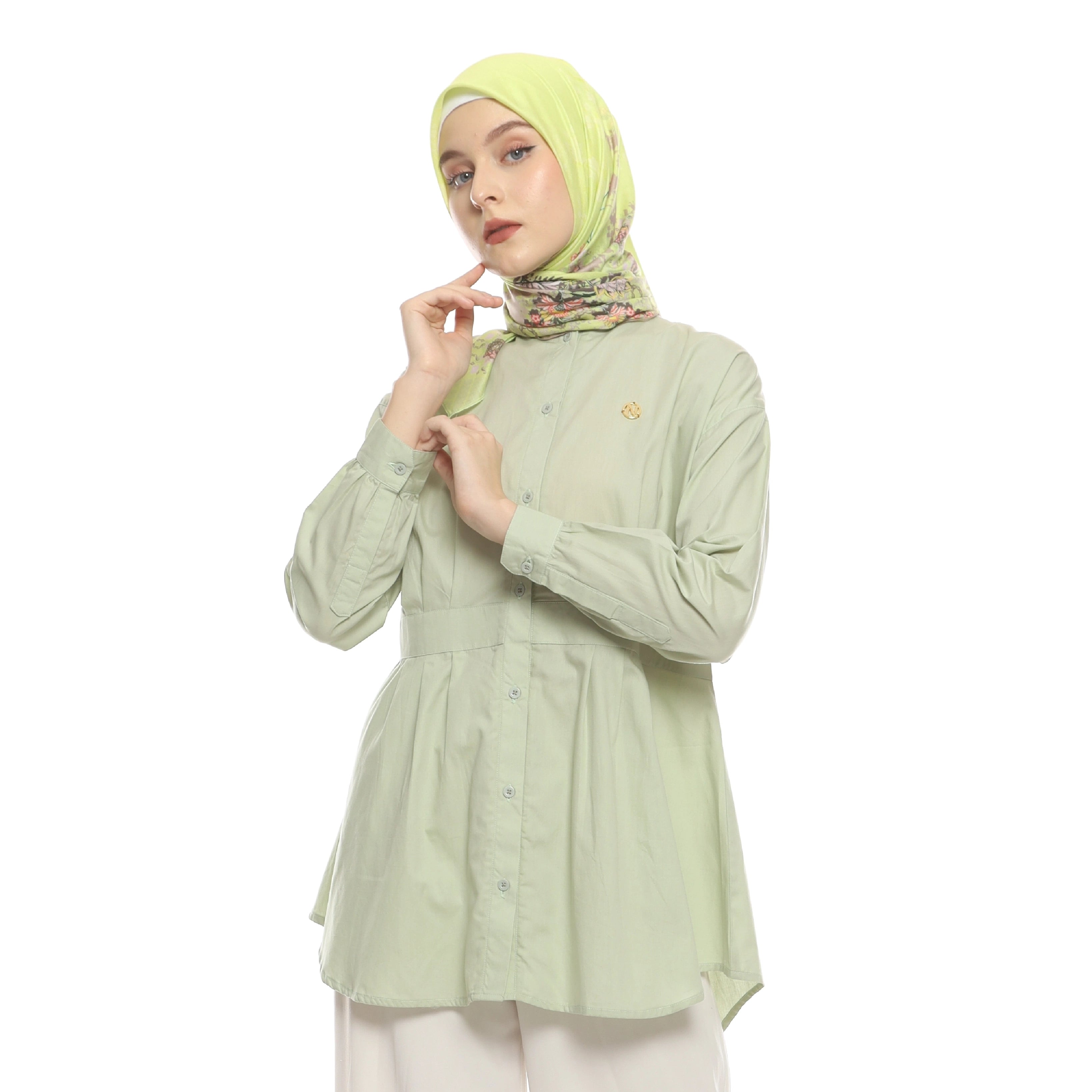 Soft Green Shirt with Belt Accent on Pleats